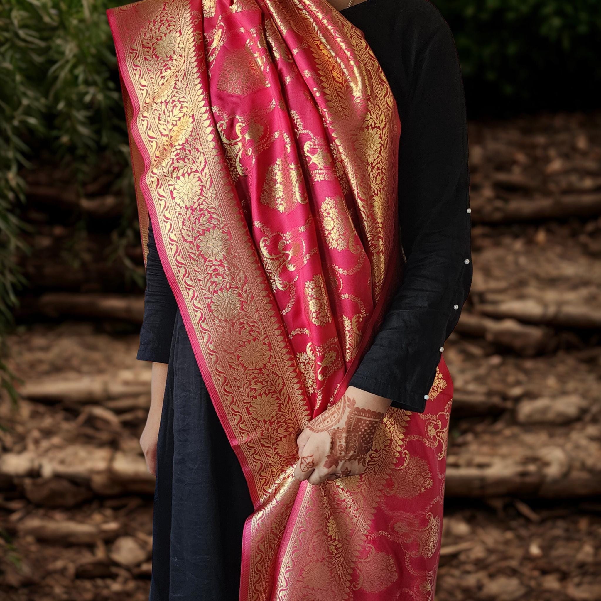 Banarasi Katan Silk Kadhuwa Jaal Dupatta in Rani Pink