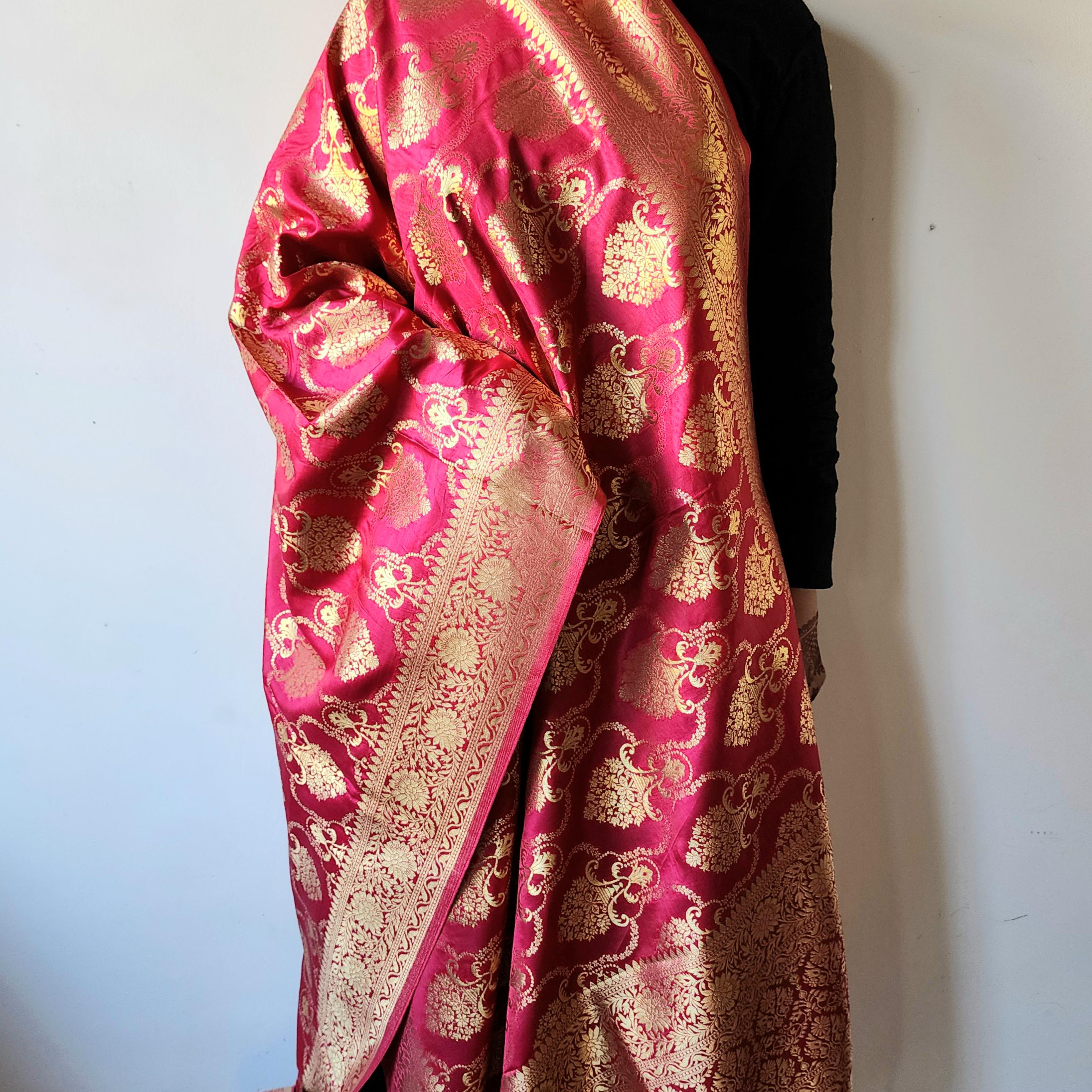 Banarasi Katan Silk Kadhuwa Jaal Dupatta in Rani Pink