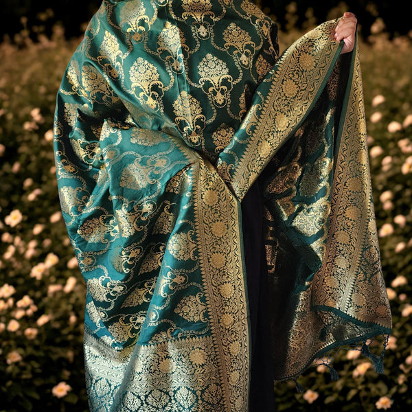 Banarasi Katan Silk Kadhuwa Jaal Dupatta in Bottle Green