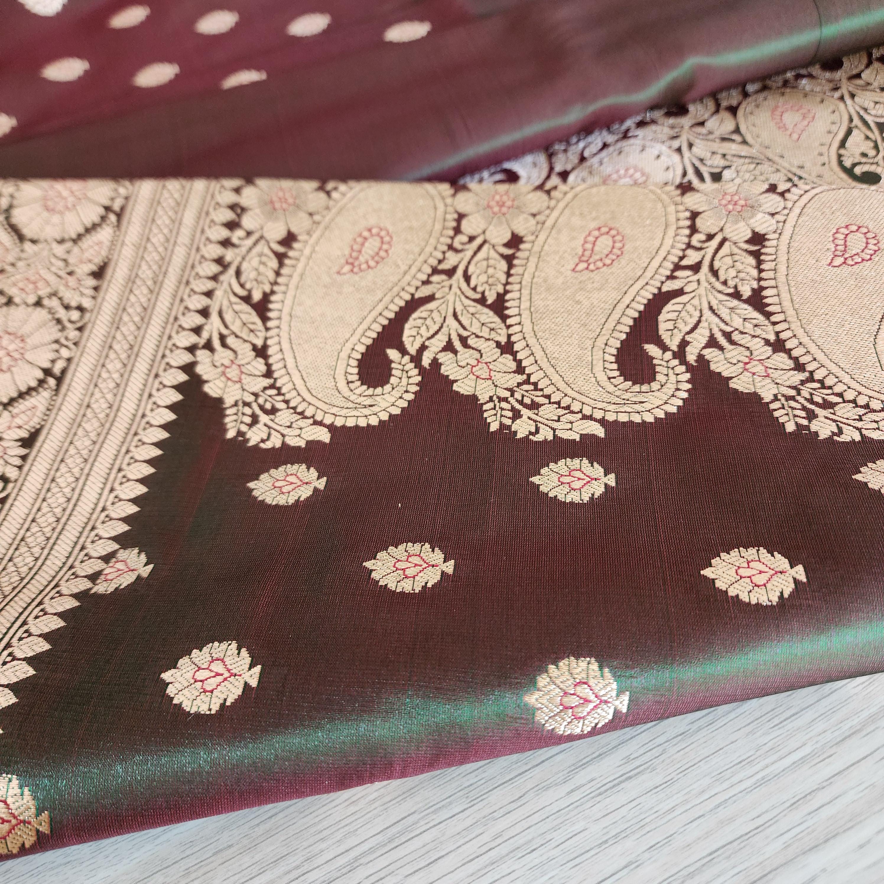 Rich Brown-Green Banarasi Silk Saree with Golden Zari Weave