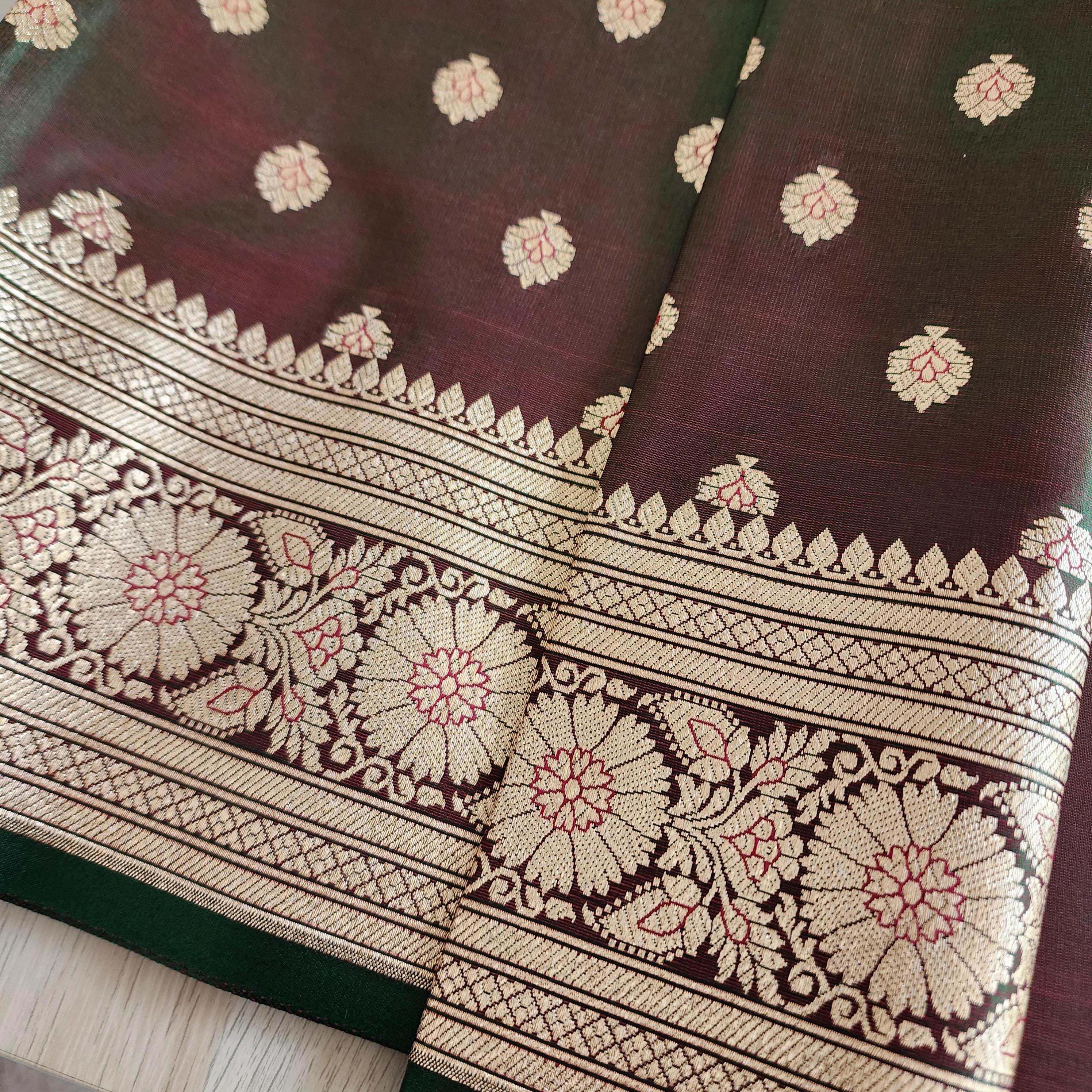 Rich Brown-Green Banarasi Silk Saree with Golden Zari Weave