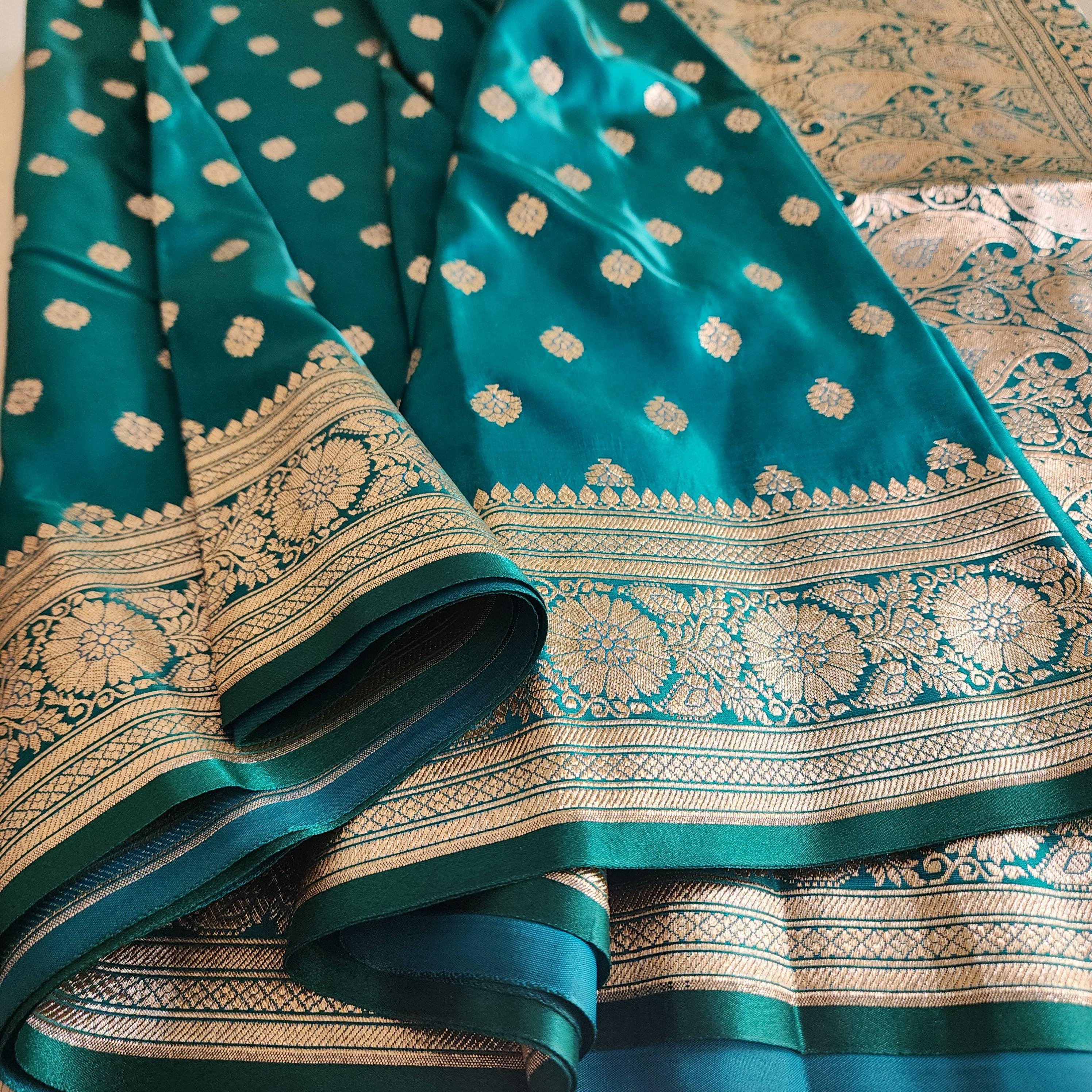 Royal Turquoise Green Banarasi Silk Saree with Golden Zari Weave