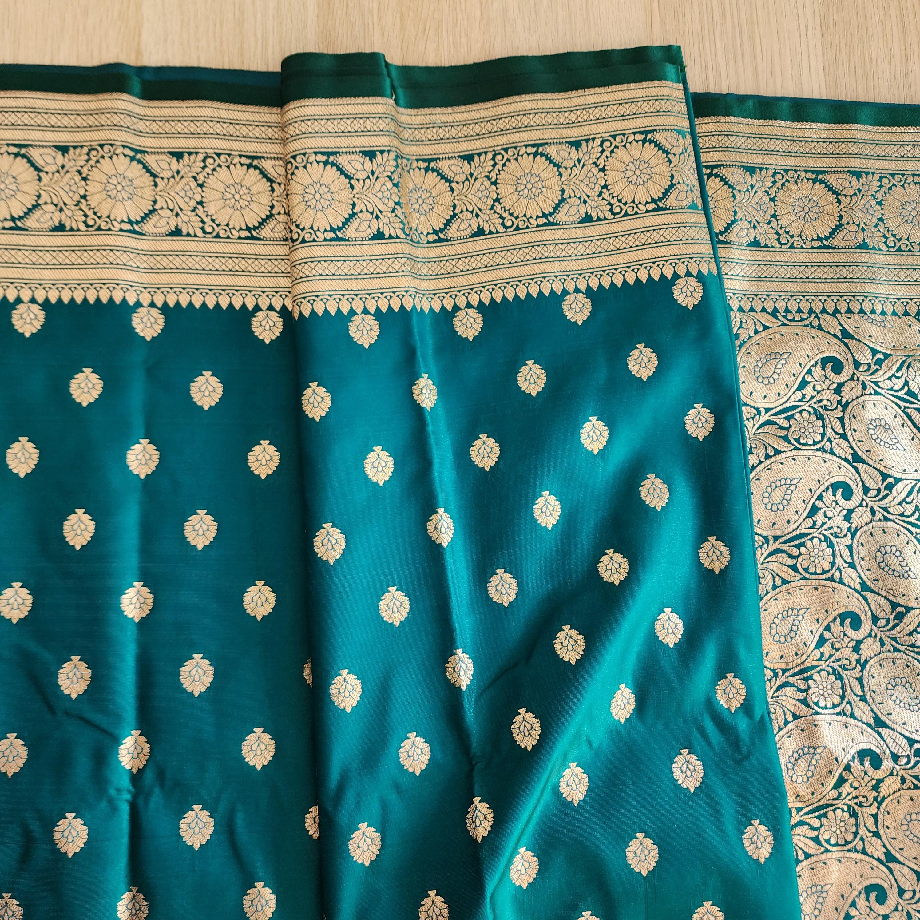 Royal Turquoise Green Banarasi Silk Saree with Golden Zari Weave