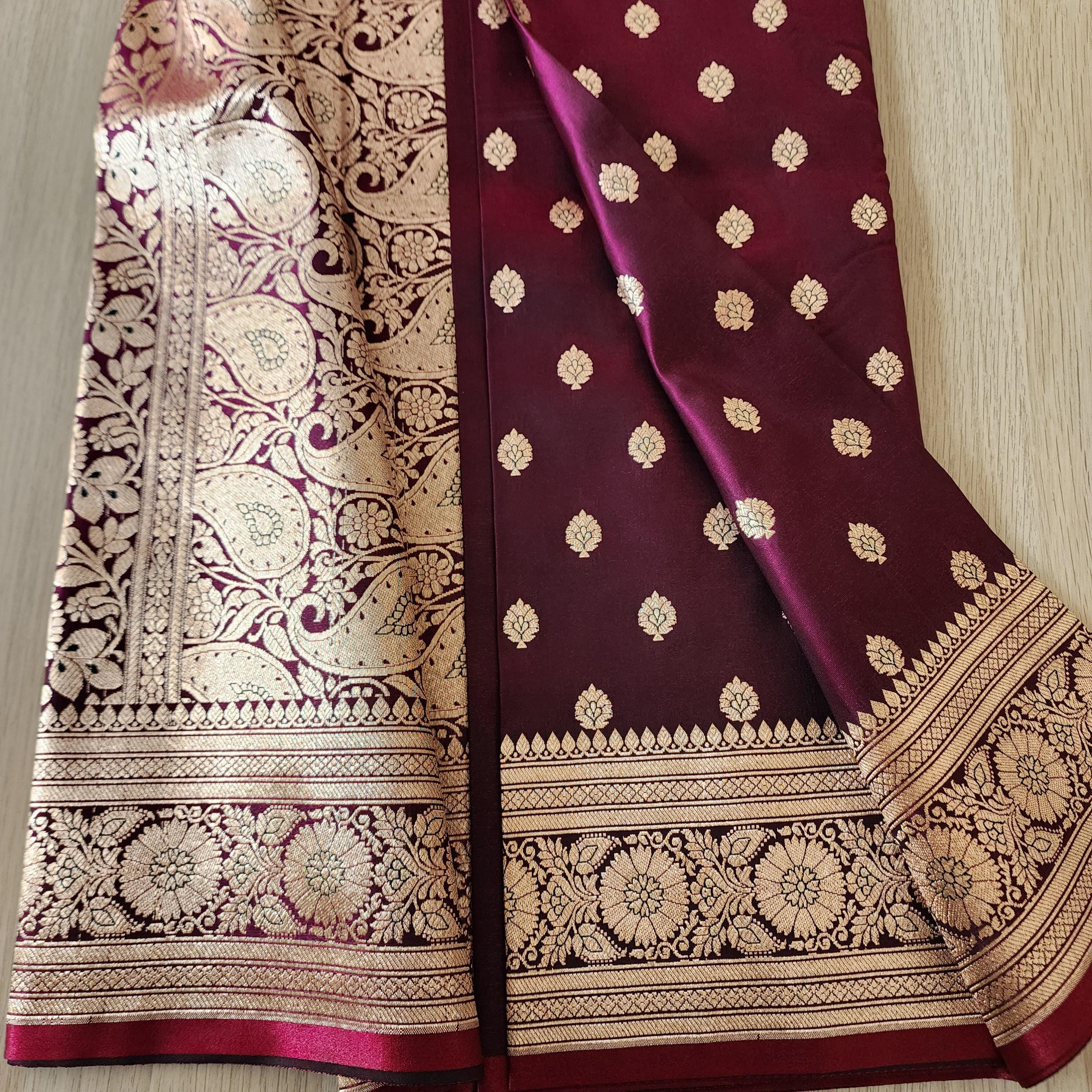 Royal Wine Maroon Banarasi Silk Saree with Golden Zari Weave