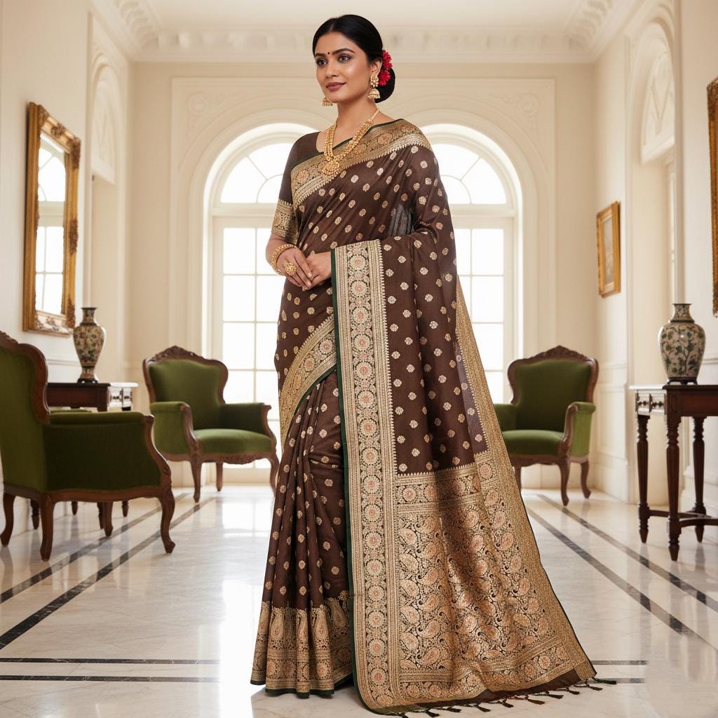 Rich Brown-Green Banarasi Silk Saree with Golden Zari Weave