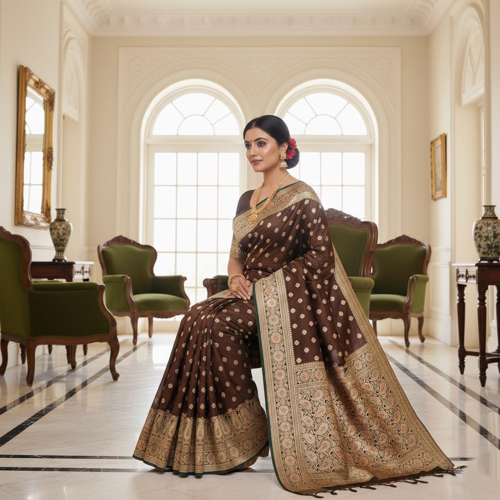 Rich Brown-Green Banarasi Silk Saree with Golden Zari Weave