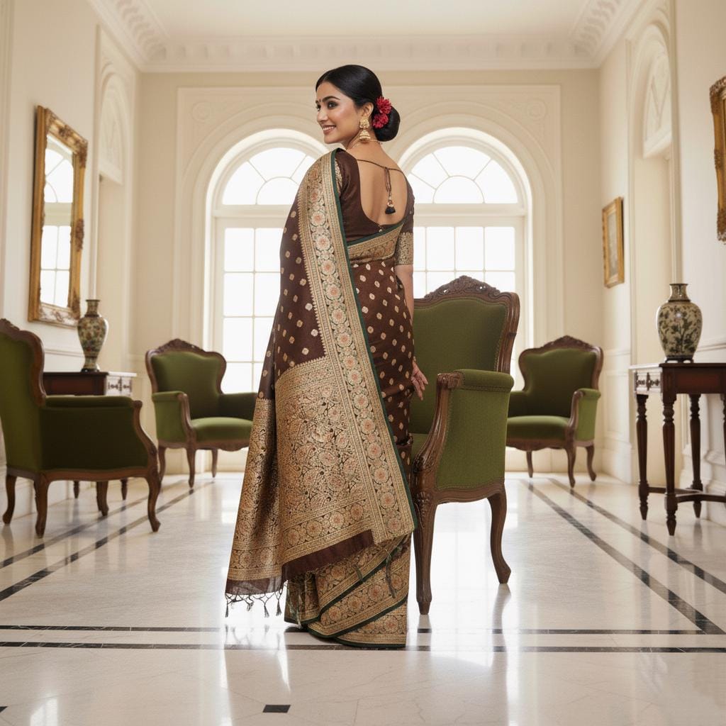 Rich Brown-Green Banarasi Silk Saree with Golden Zari Weave
