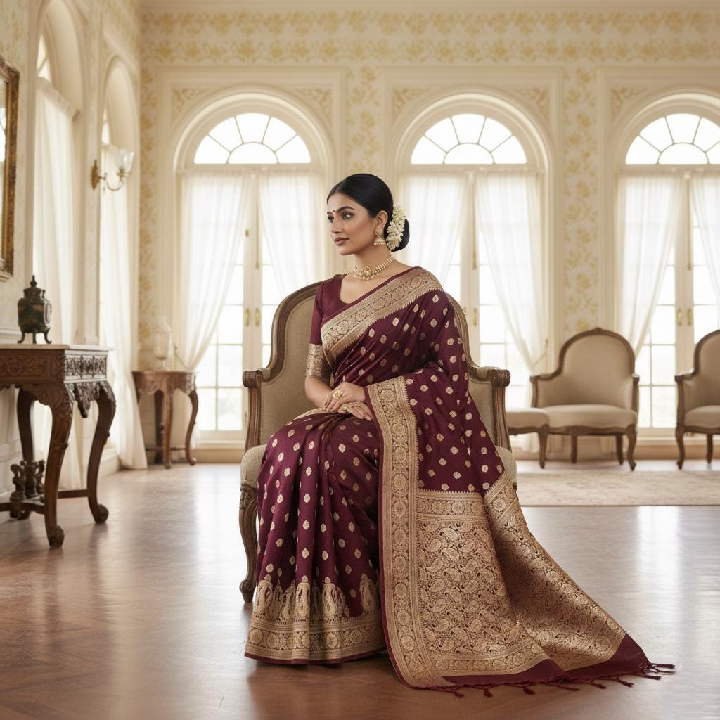 Royal Wine Maroon Banarasi Silk Saree with Golden Zari Weave