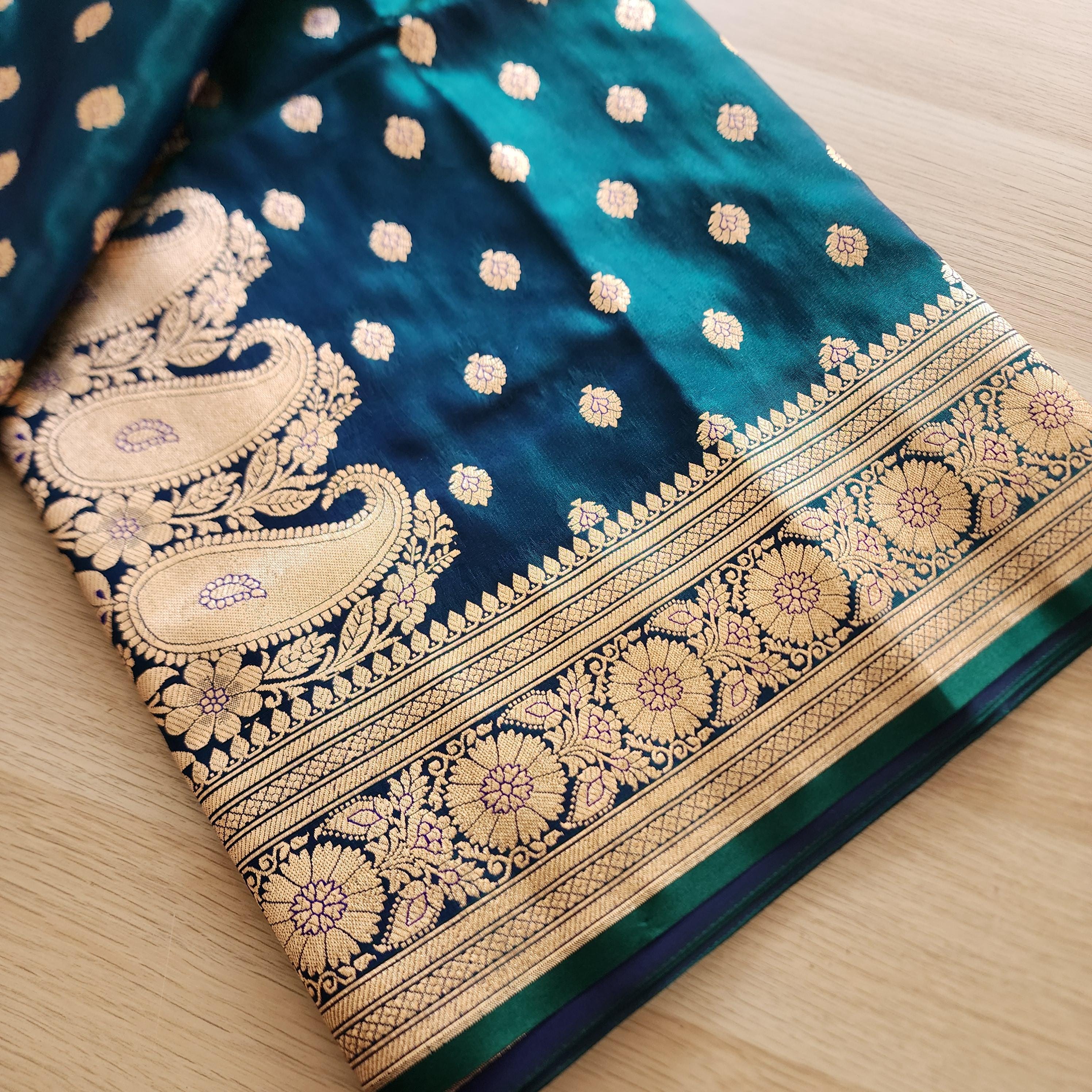 Royal Greenish-Blue Banarasi Silk Saree with Golden Zari Weave