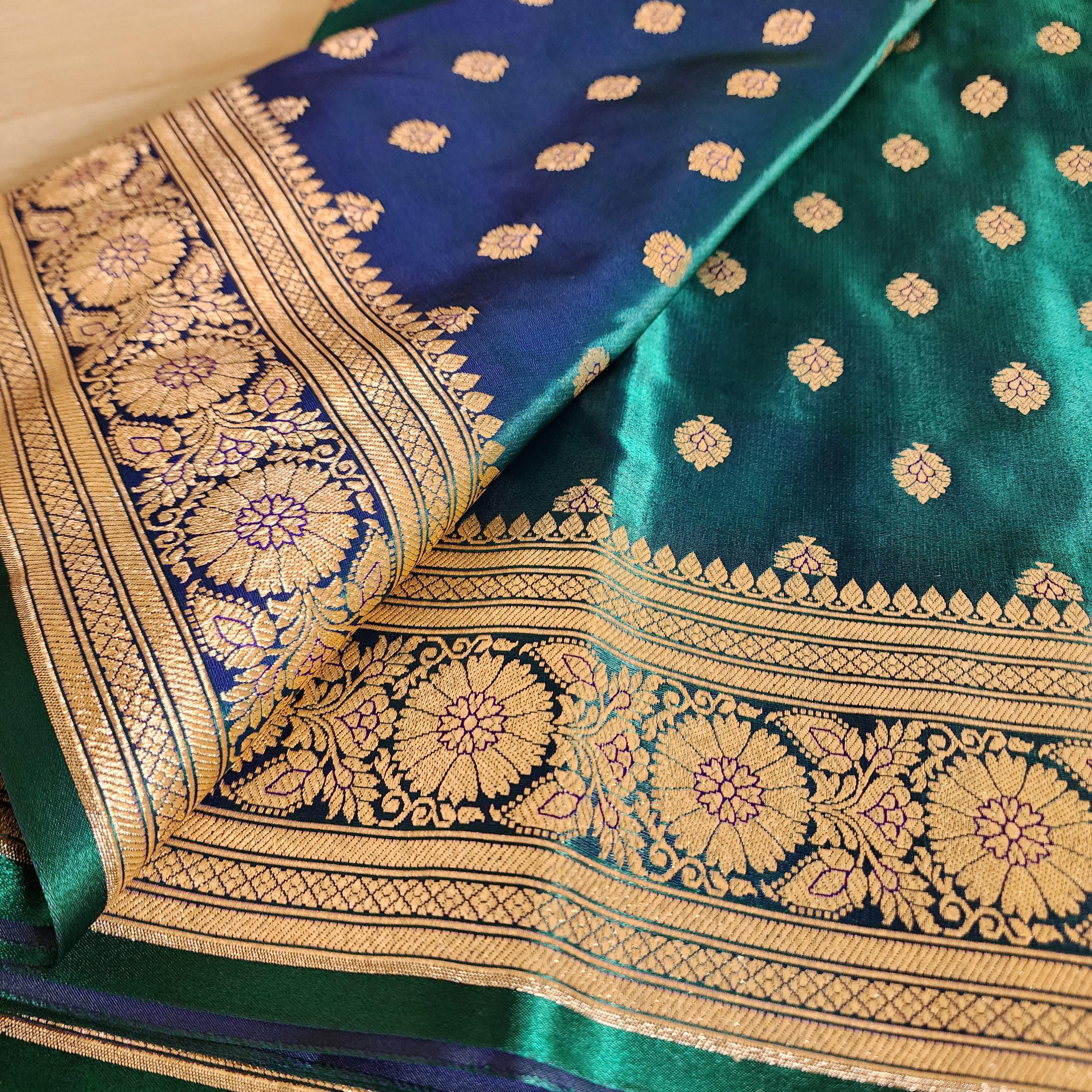 Royal Greenish-Blue Banarasi Silk Saree with Golden Zari Weave