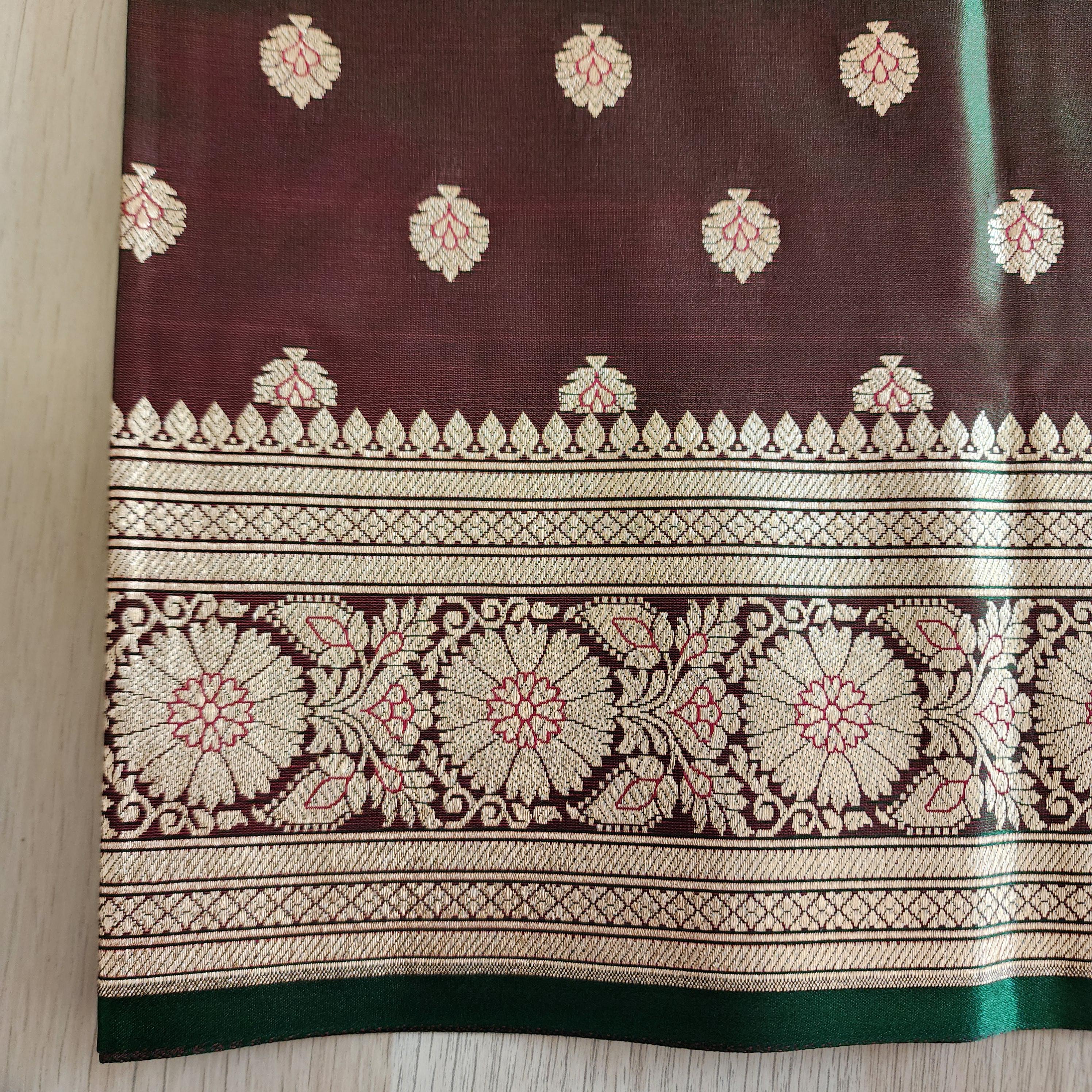 Rich Brown-Green Banarasi Silk Saree with Golden Zari Weave