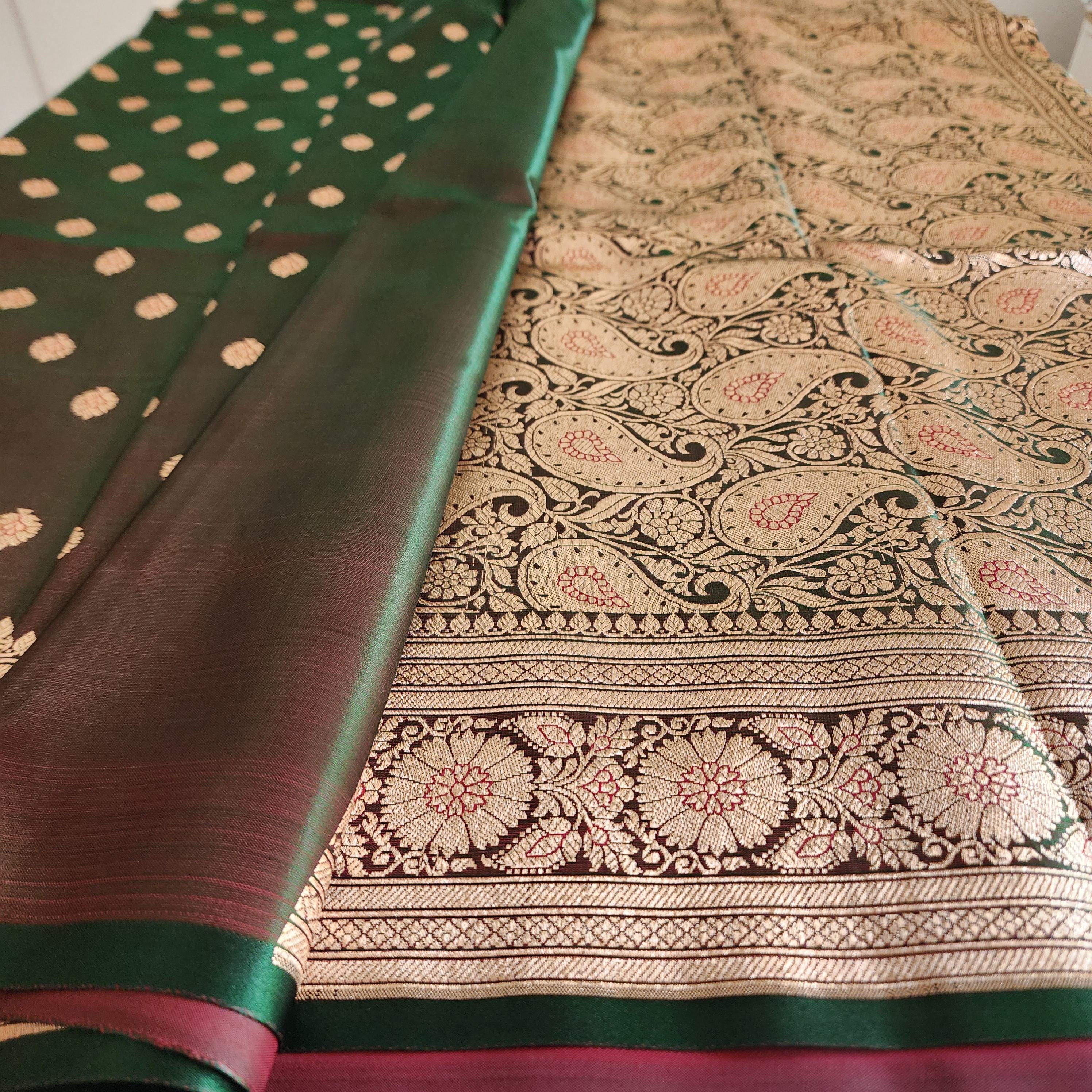 Rich Brown-Green Banarasi Silk Saree with Golden Zari Weave