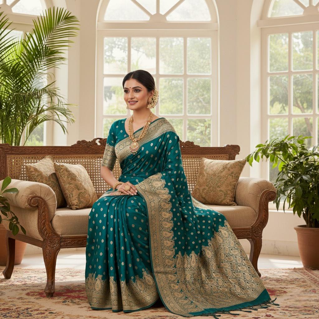 Royal Turquoise Green Banarasi Silk Saree with Golden Zari Weave