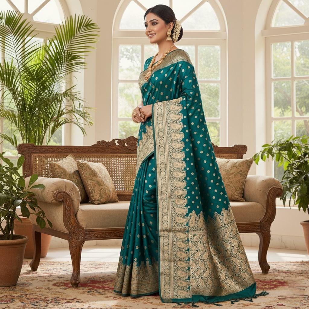 Royal Turquoise Green Banarasi Silk Saree with Golden Zari Weave