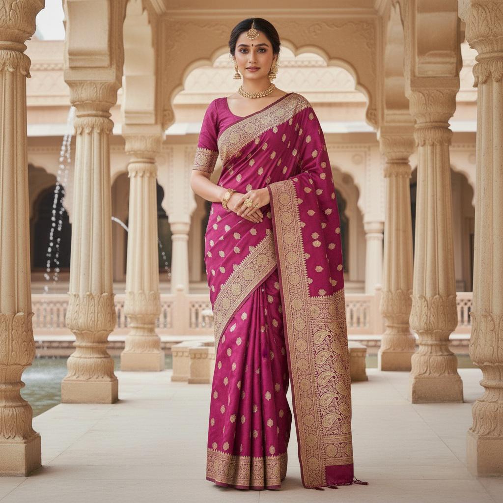 Royal Magenta-Maroon Banarasi Silk Saree with Golden Zari Weave