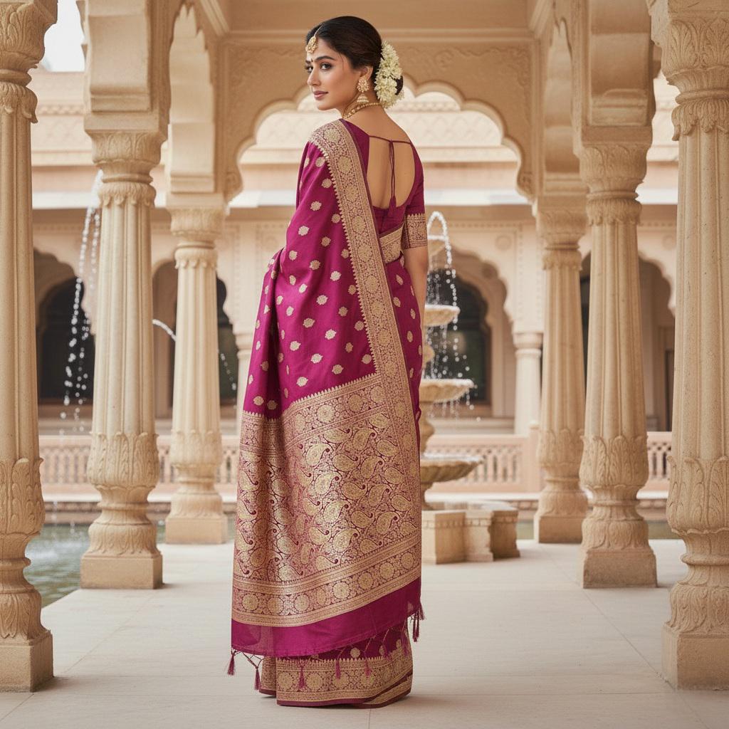 Royal Magenta-Maroon Banarasi Silk Saree with Golden Zari Weave