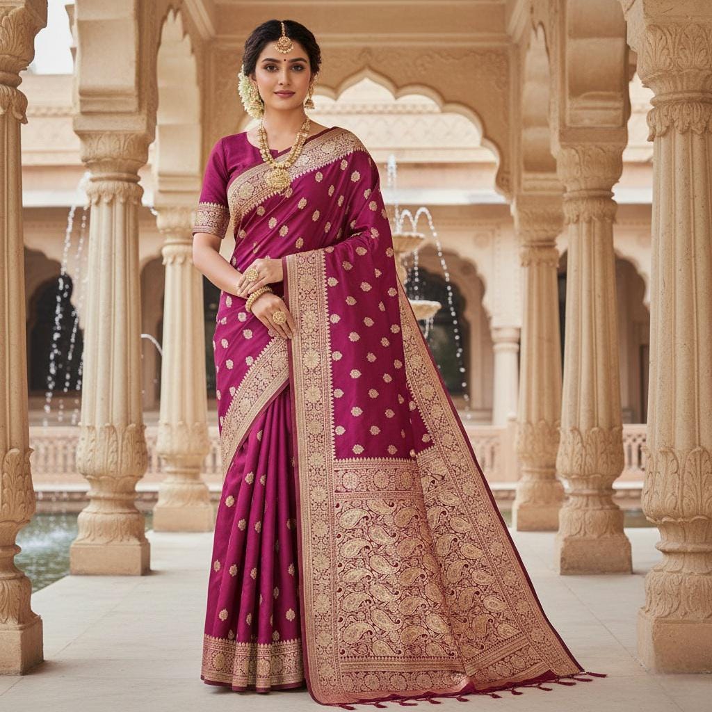 Royal Magenta-Maroon Banarasi Silk Saree with Golden Zari Weave
