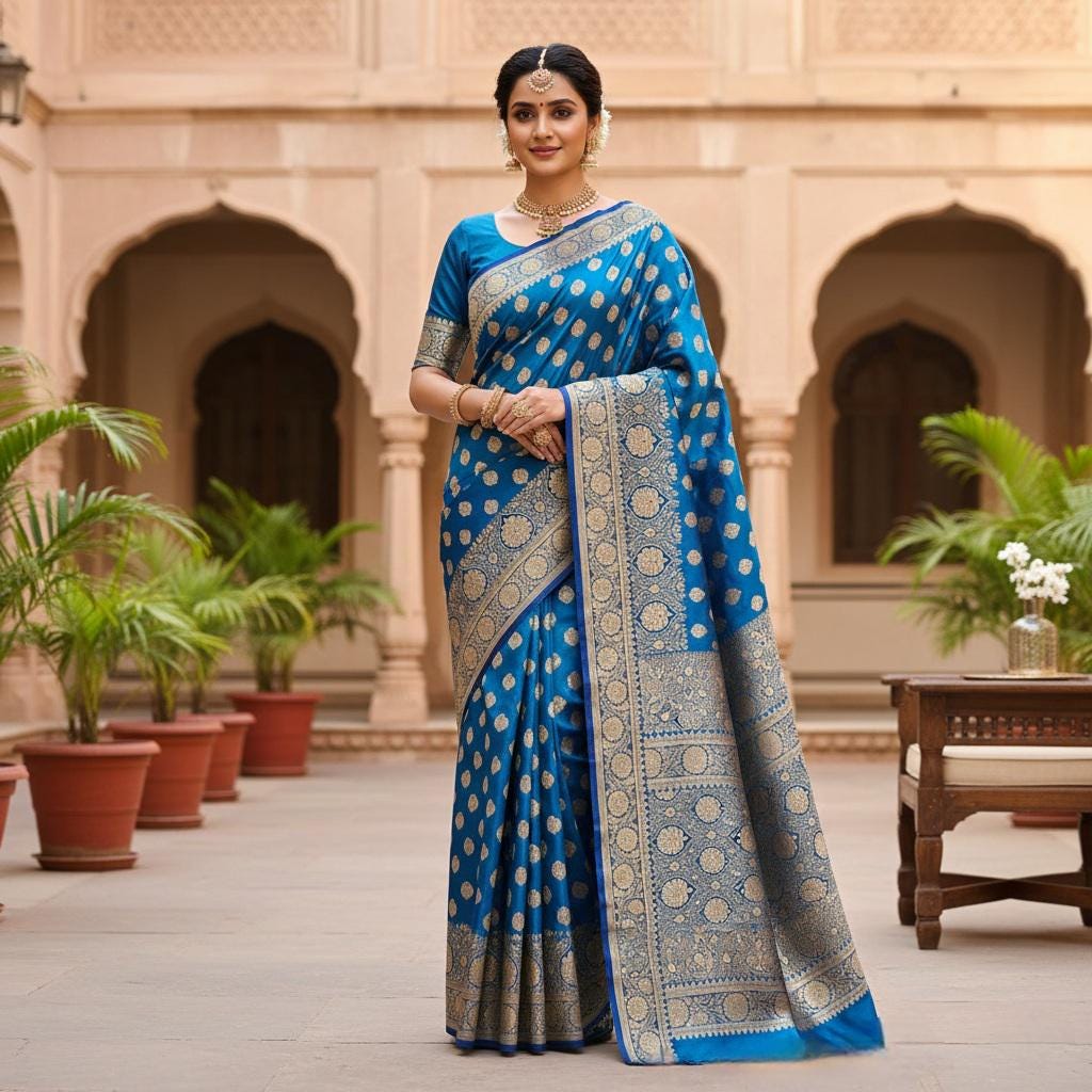 Rich Azure Pure Banarasi Katan Silk Saree with Rich Zari Weaving