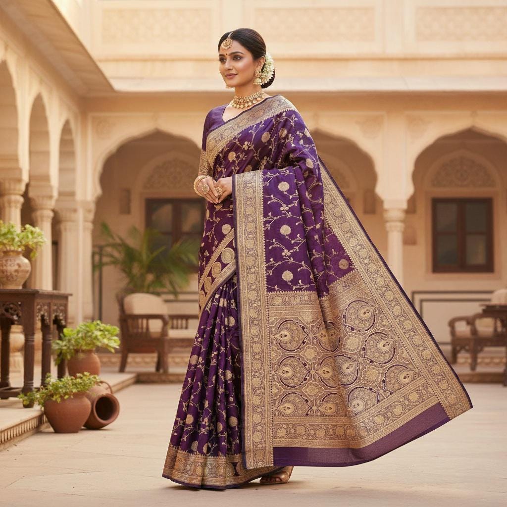 Deep Purple Pure Banarasi Katan Silk Saree with Rich Zari Weaving