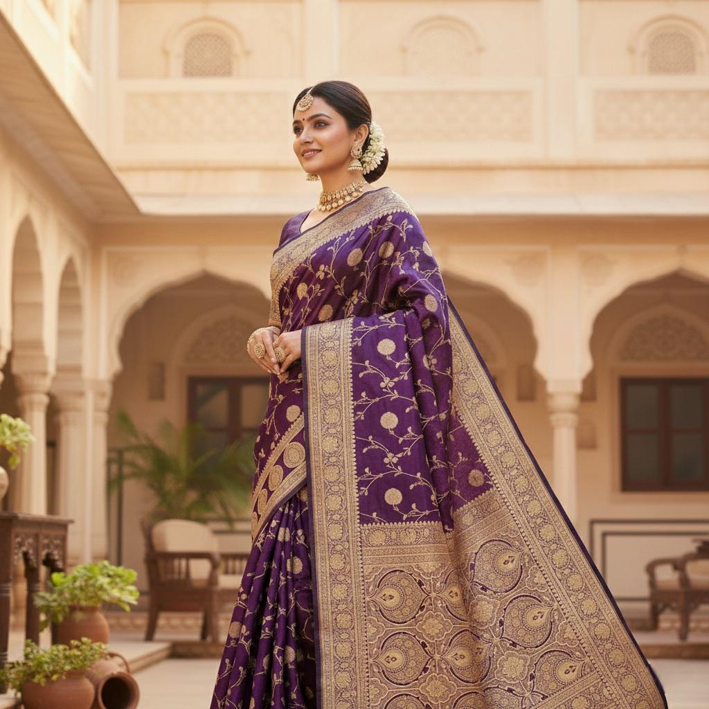 Deep Purple Pure Banarasi Katan Silk Saree with Rich Zari Weaving
