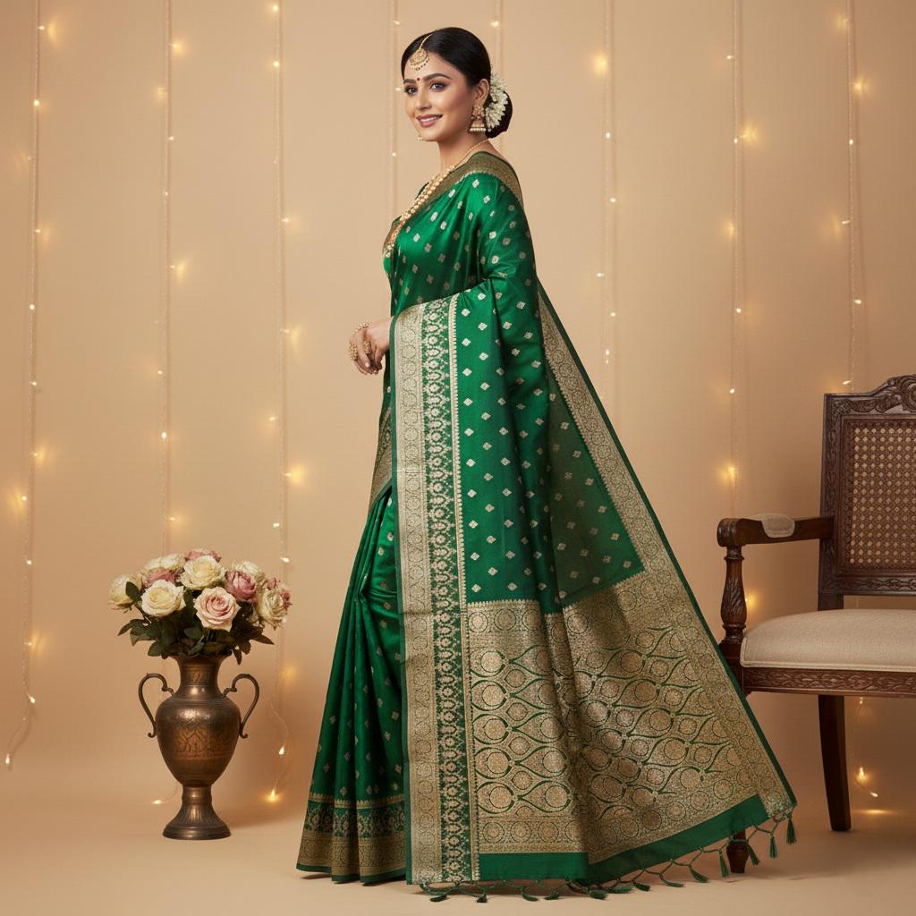 Deep Emerald-Green Pure Banarasi Katan Silk Saree with Rich Zari Weaving