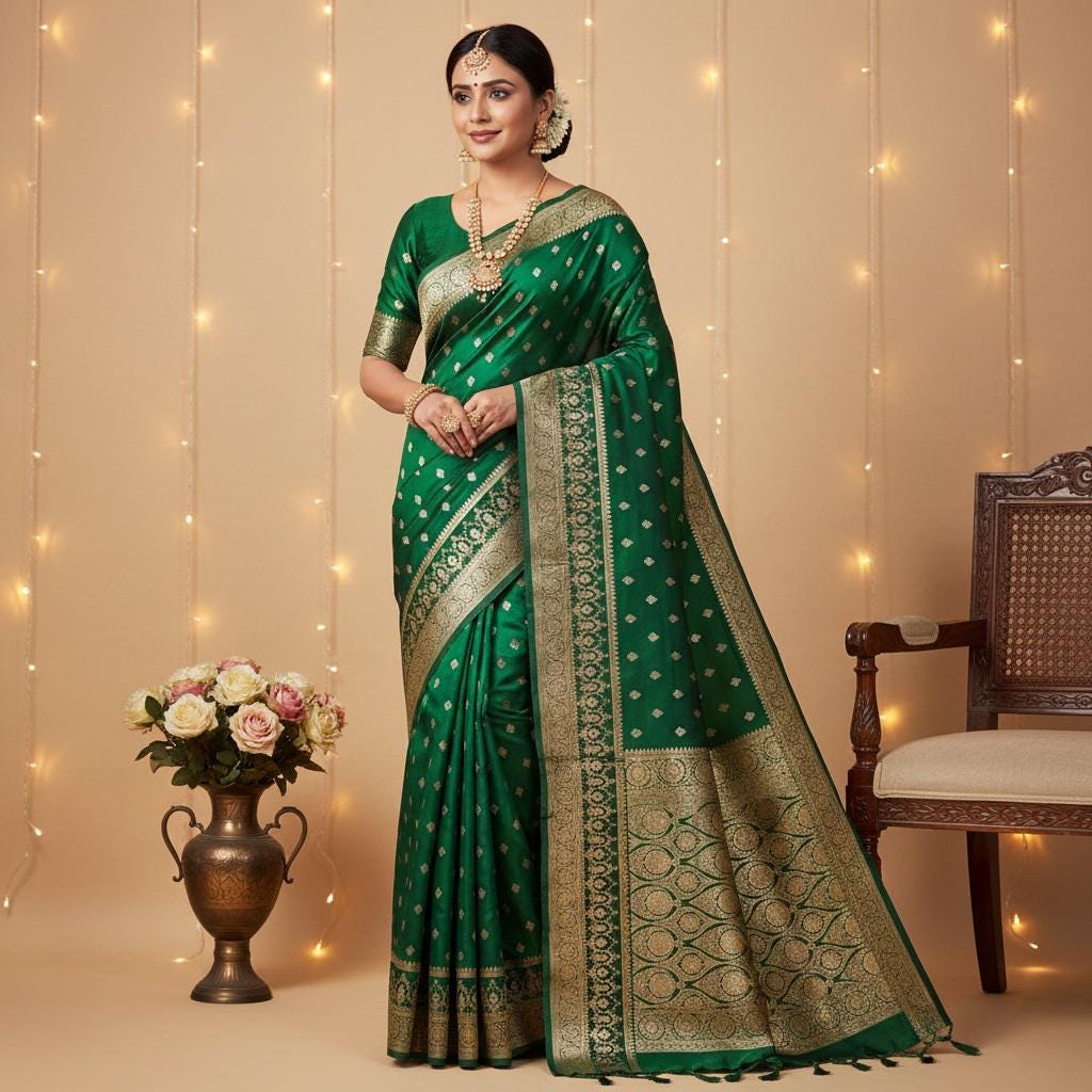 Deep Emerald-Green Pure Banarasi Katan Silk Saree with Rich Zari Weaving