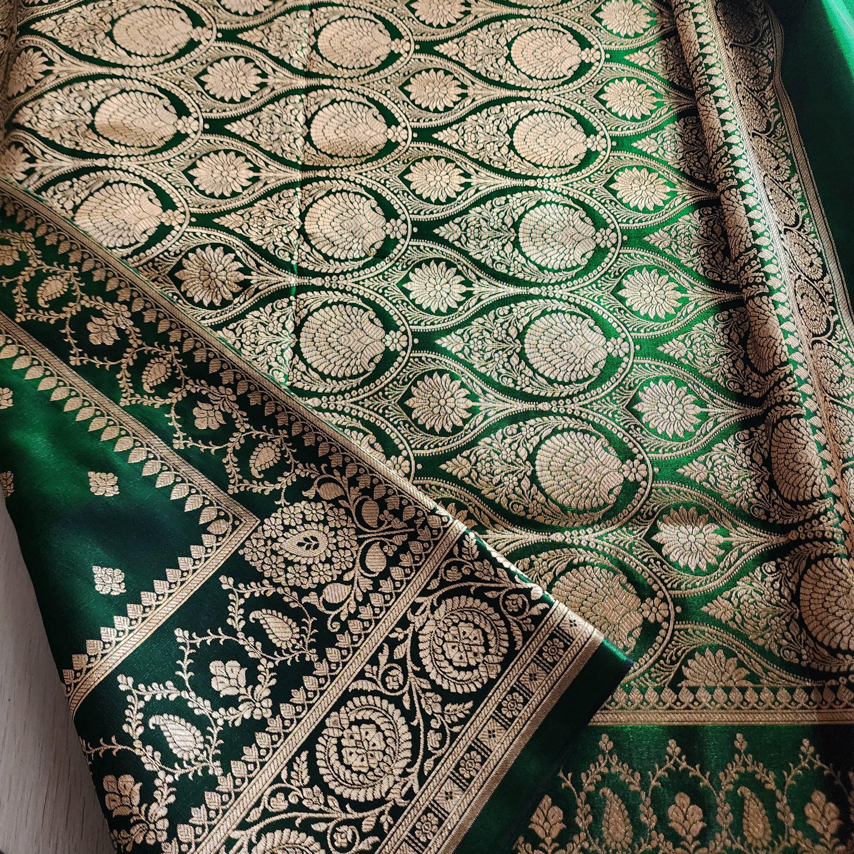 Deep Emerald-Green Pure Banarasi Katan Silk Saree with Rich Zari Weaving