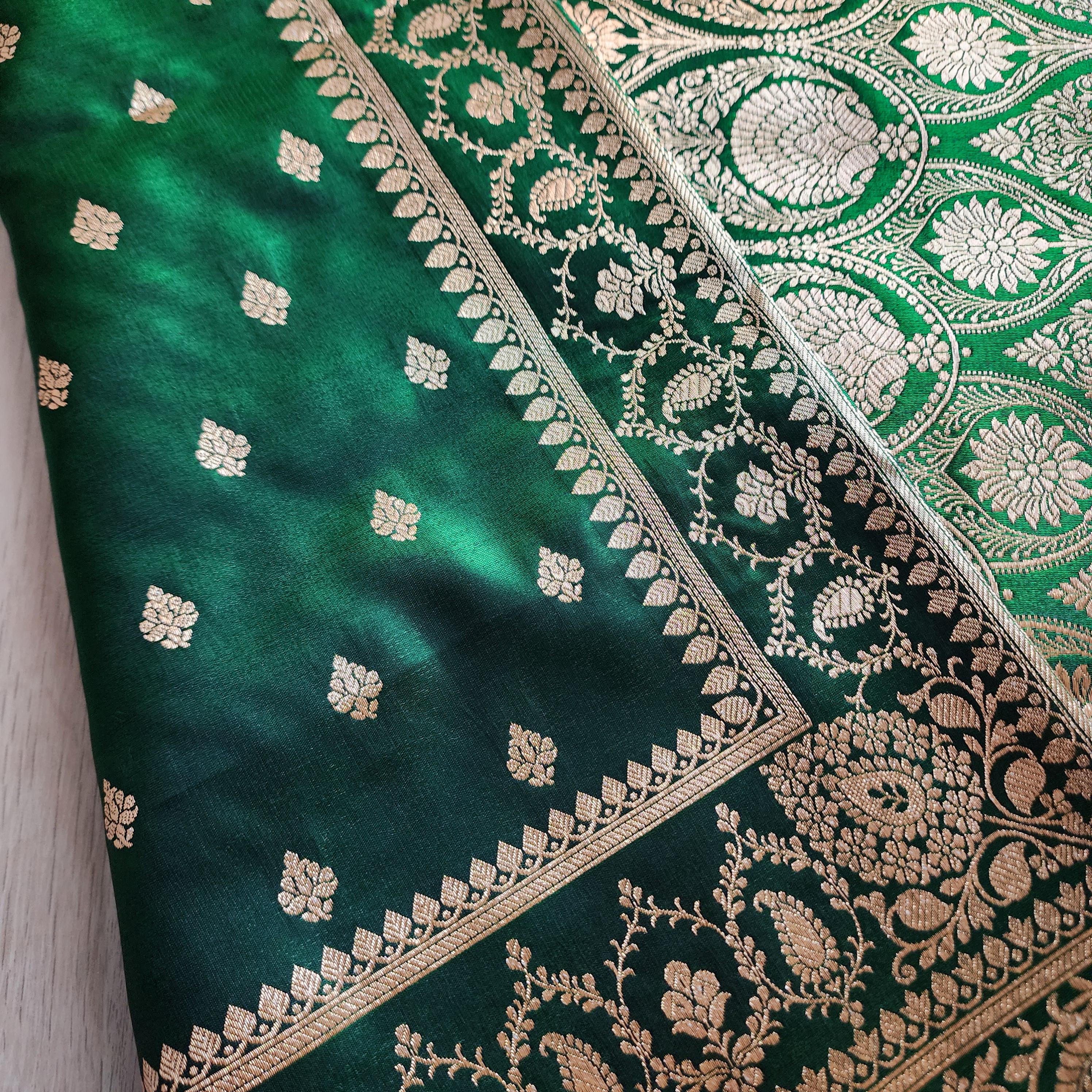 Deep Emerald-Green Pure Banarasi Katan Silk Saree with Rich Zari Weaving