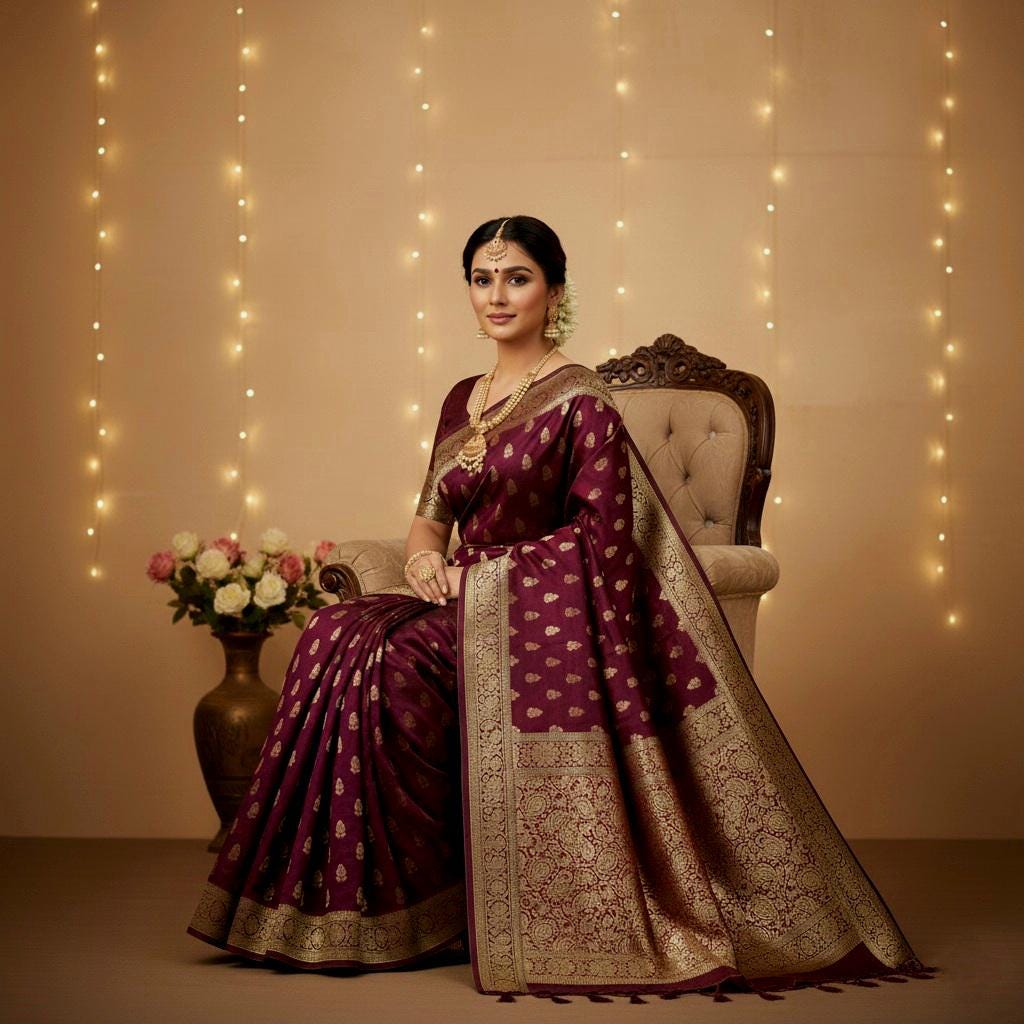 Deep Maroon Pure Banarasi Katan Silk Saree with Rich Zari Weaving