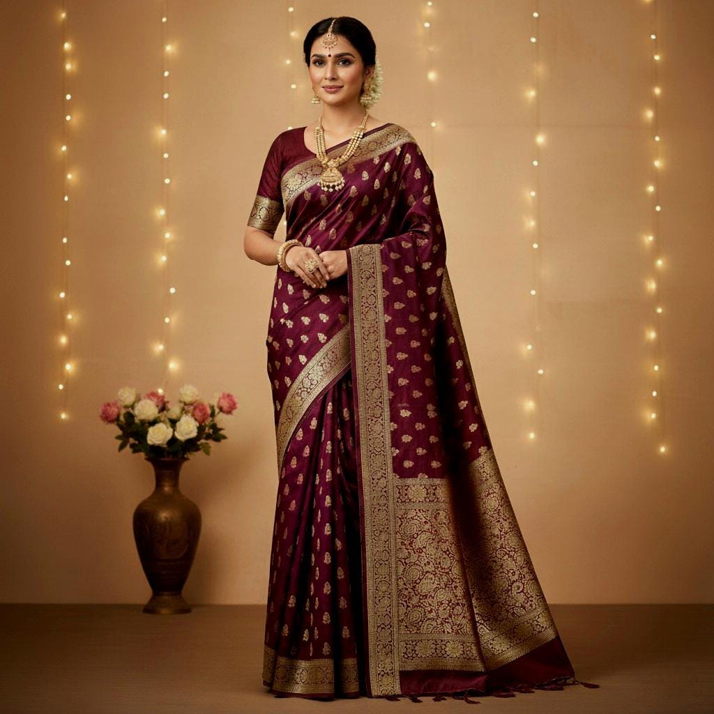 Deep Maroon Pure Banarasi Katan Silk Saree with Rich Zari Weaving
