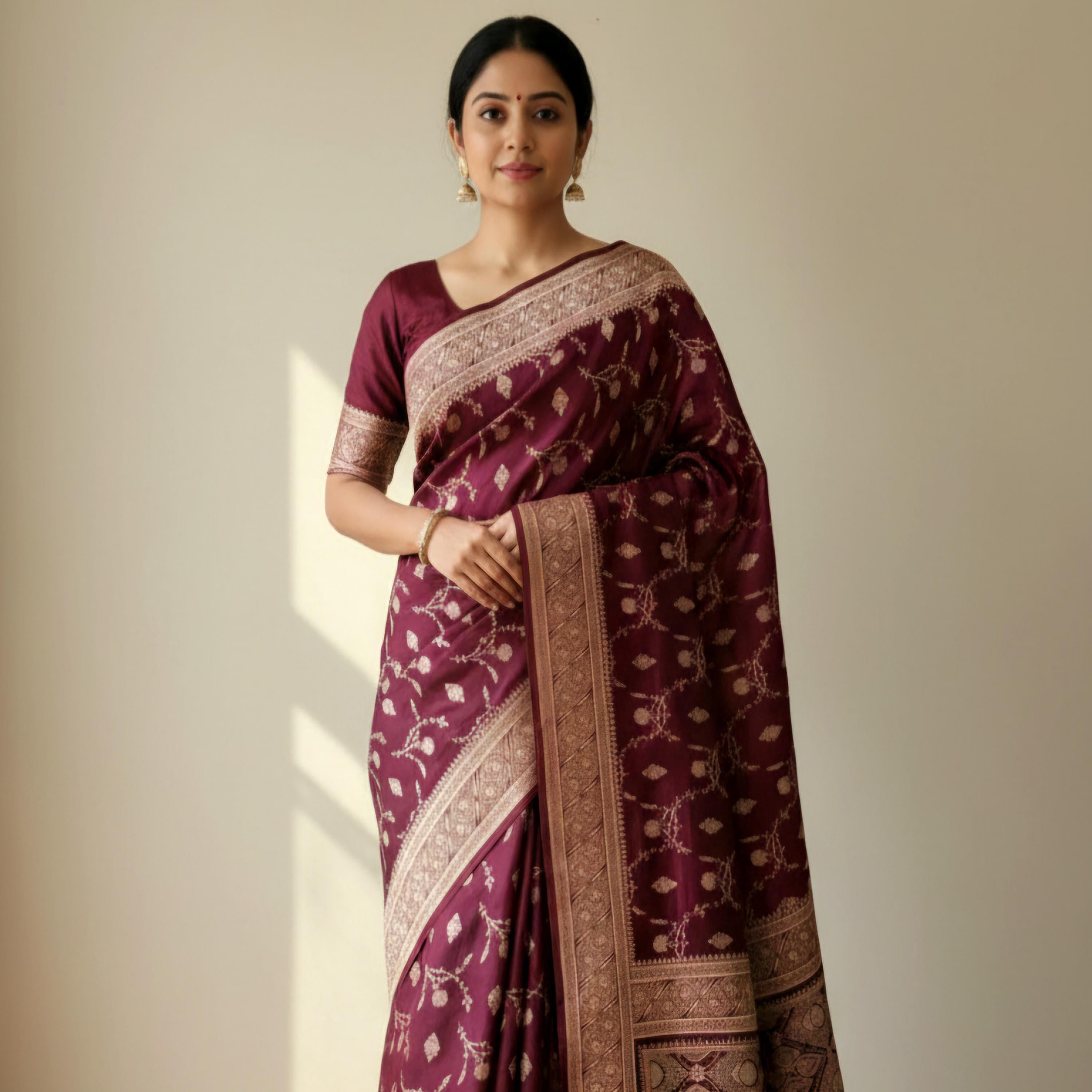 Royal Magenta Maroon, Pure Banarasi Katan Silk Saree with Rich Zari Weaving