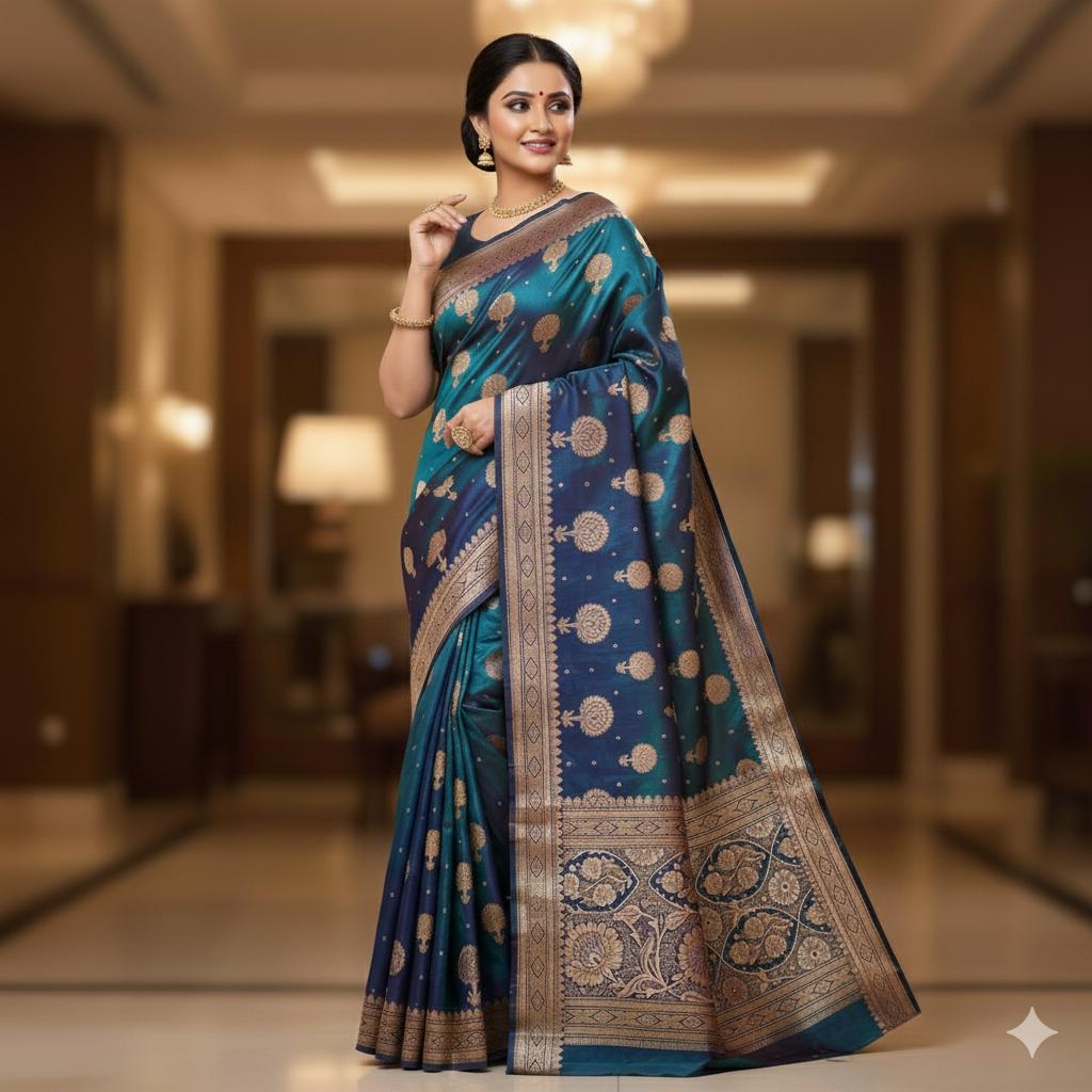 Deep Peacock Blue Pure Banarasi Katan Silk Saree with Rich Zari Weaving