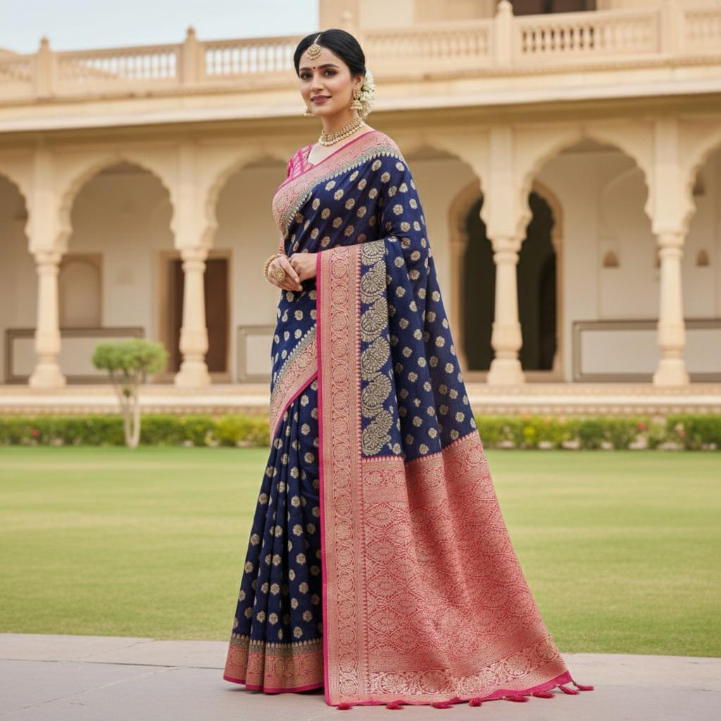 Sophisticated Navy Blue & Pink Khaddi Georgette Banarasi Saree  Light, Elegant, and Flowy
