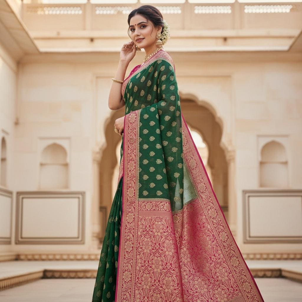 Enchanting Dual-Tone Green & Pink Khaddi Georgette Banarasi Saree  Soft, Elegant And Regal