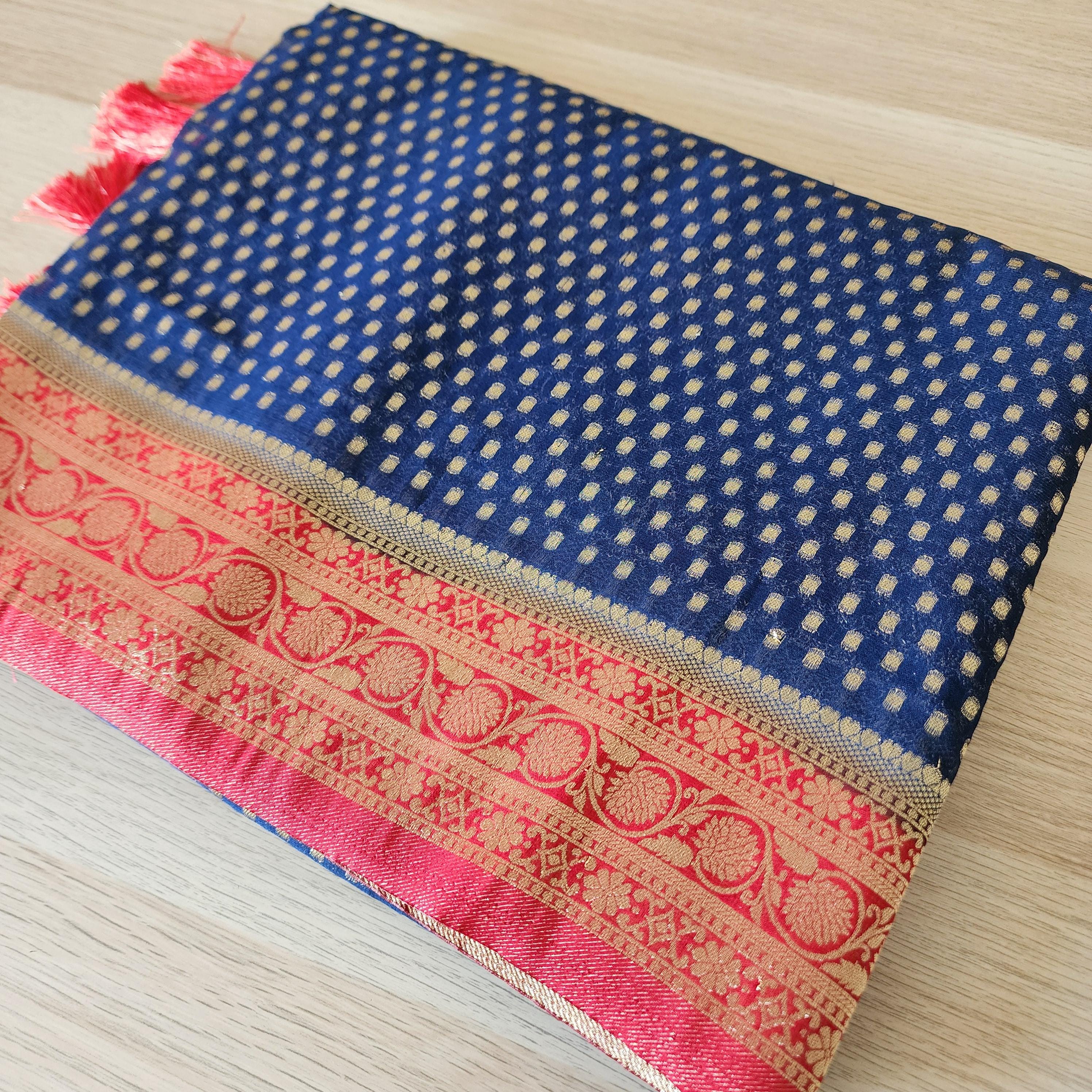 Dazzling Navy Blue & Red Khaddi Georgette Banarasi Saree  Light, Elegant, and Flowy