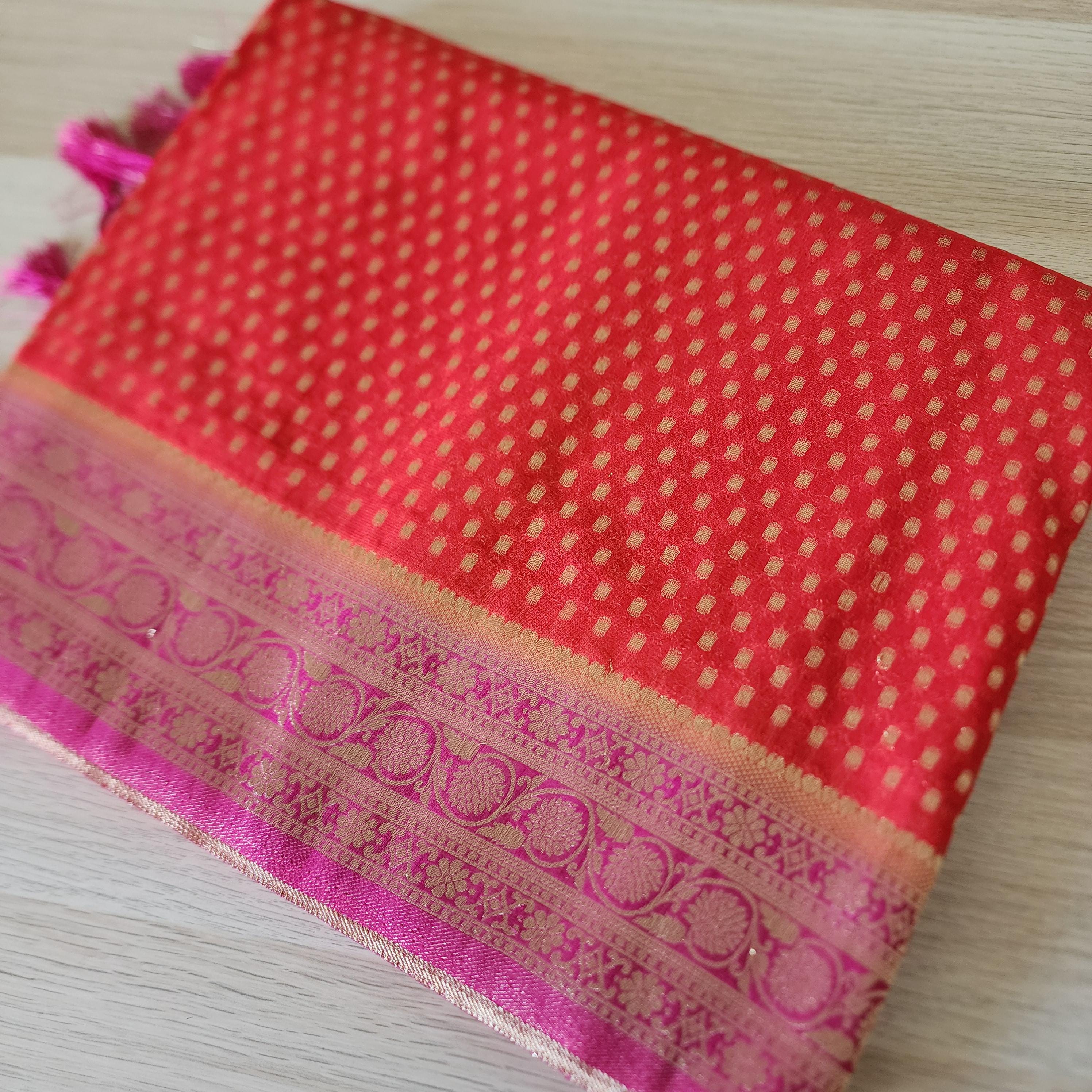 Delicate Dual-Tone Red & Pink Khaddi Georgette Banarasi Saree  Light, Elegant, and Flowy