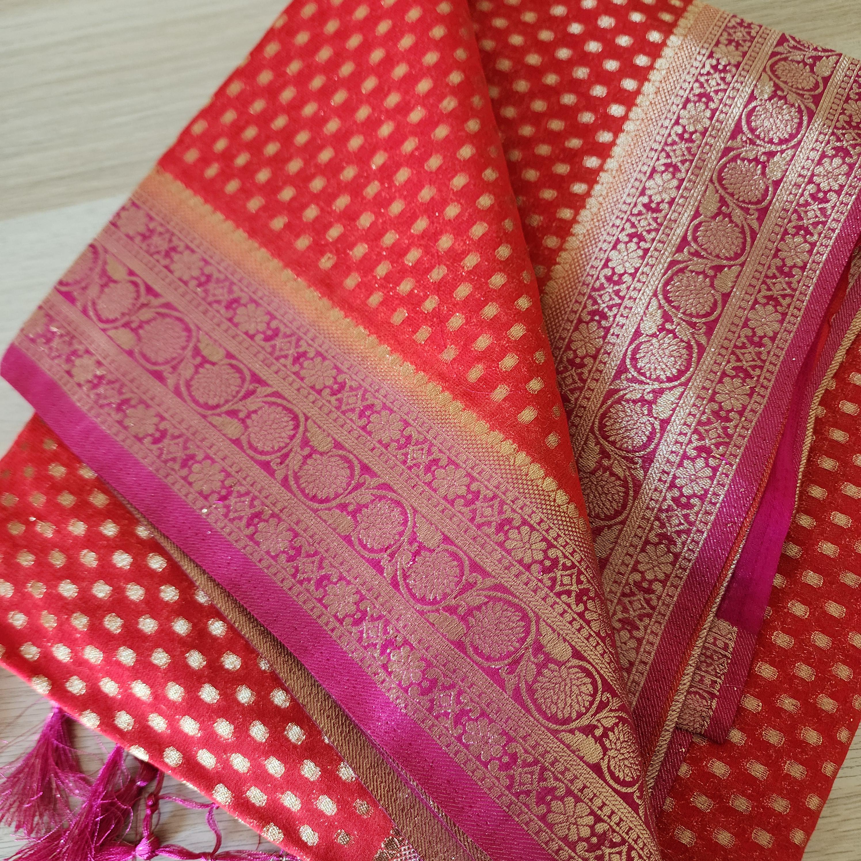 Delicate Dual-Tone Red & Pink Khaddi Georgette Banarasi Saree  Light, Elegant, and Flowy