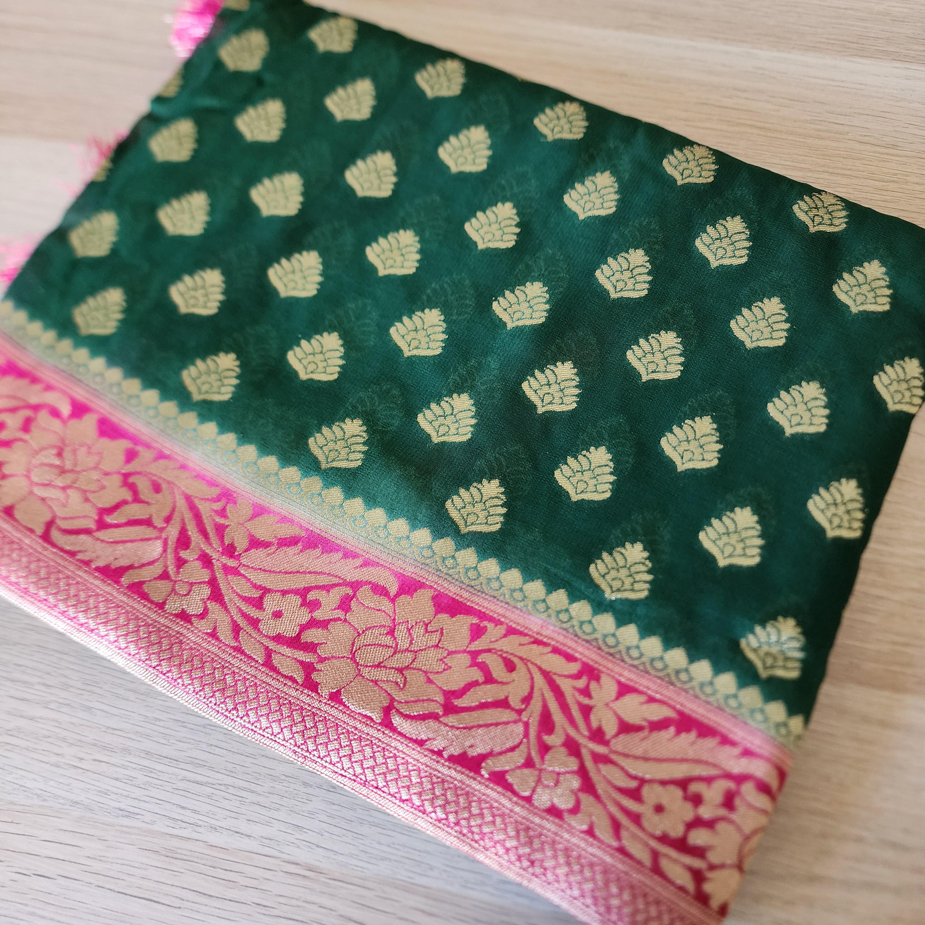 Enchanting Dual-Tone Green & Pink Khaddi Georgette Banarasi Saree  Soft, Elegant And Regal