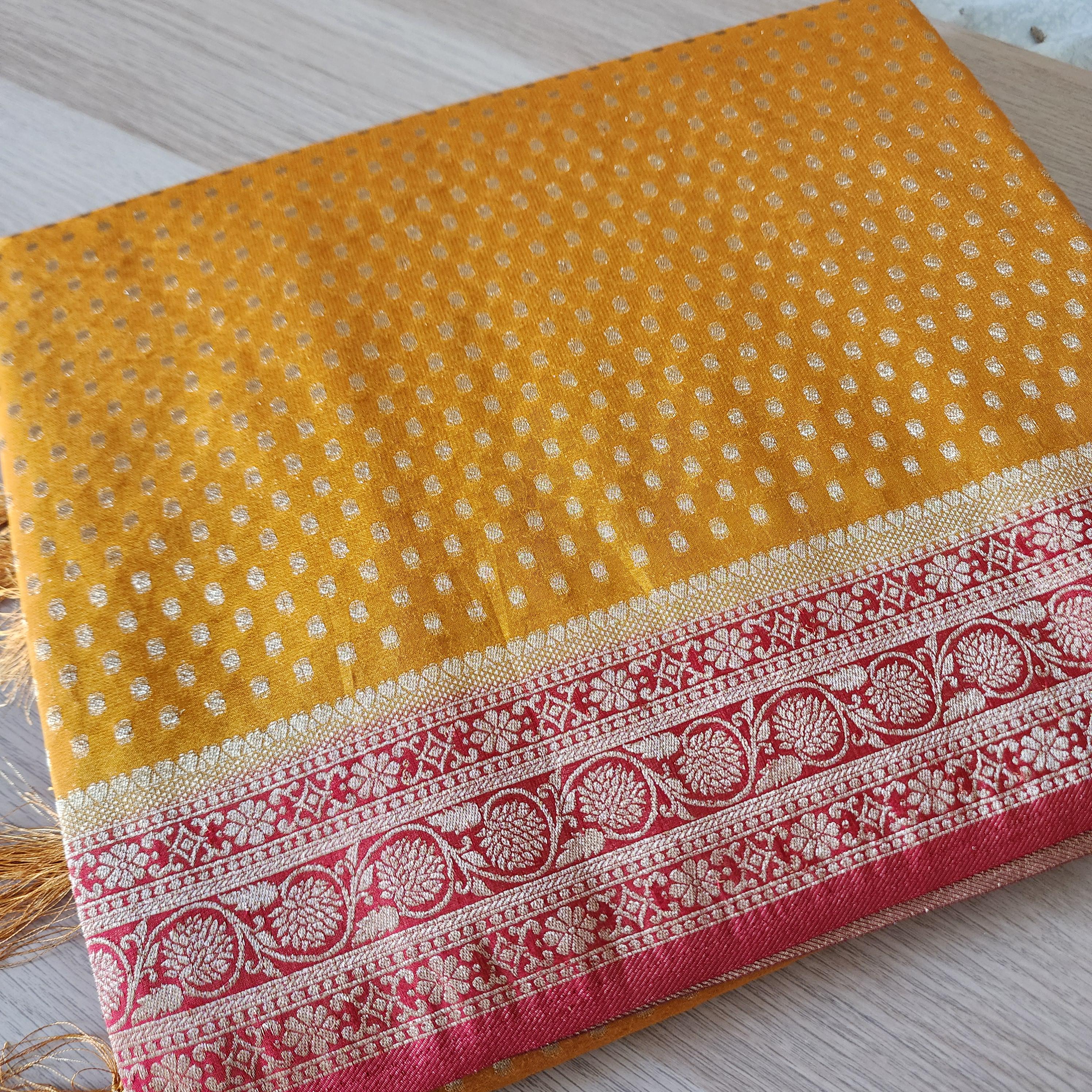 Festive Yellow-Purple Khaddi Georgette Banarasi Saree  Soft, Elegant And Regal
