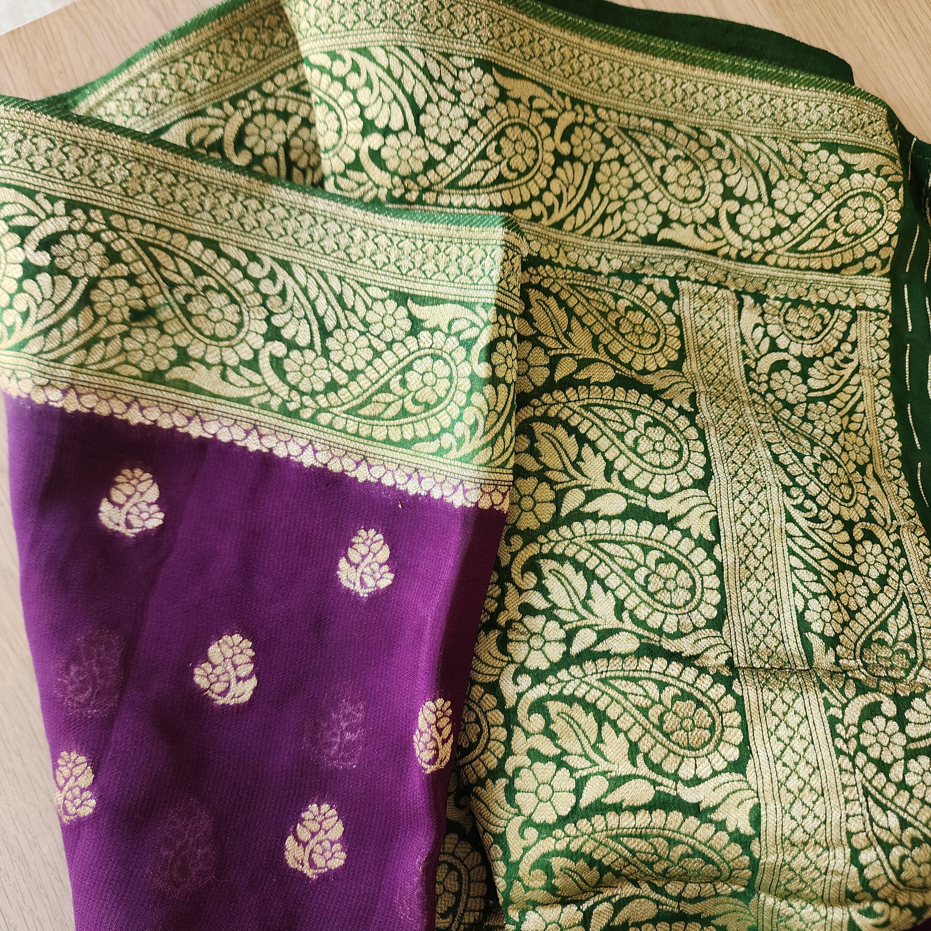 Graceful Purple-Green Dual-Tone Khaddi Georgette Banarasi Saree  Light, Elegant, and Flowy