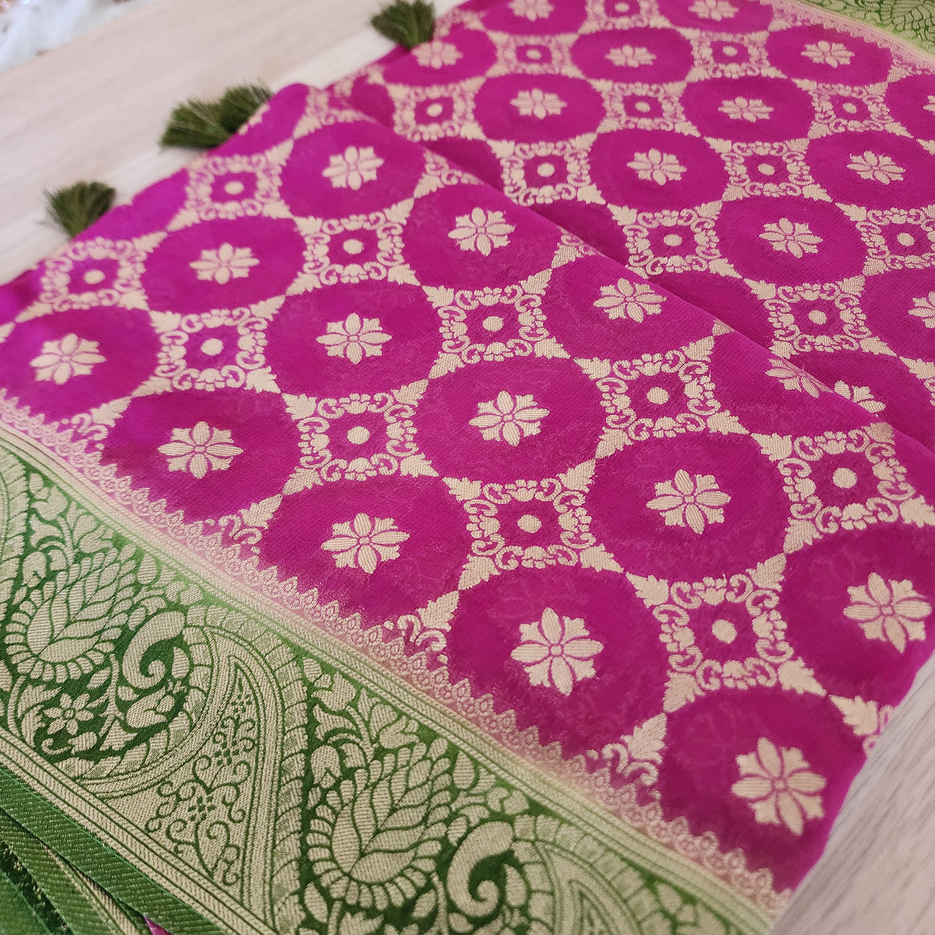 Vibrant Pink Green Dual-Tone Khaddi Georgette Banarasi Saree  Light, Elegant, and Flowy