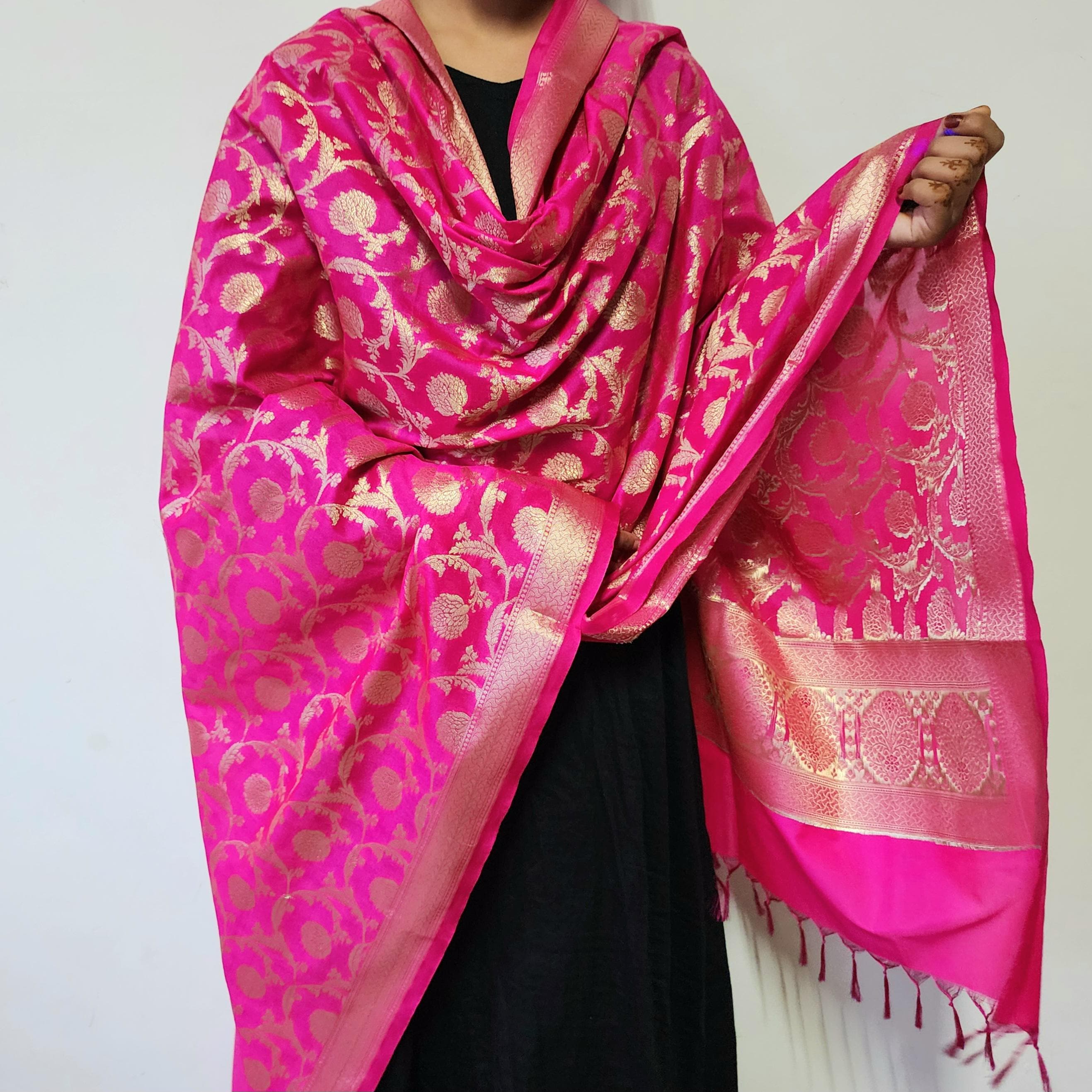 Charming Hot Pink Banarasi Dupatta  Golden Motifs, Perfect for Weddings & Festivals