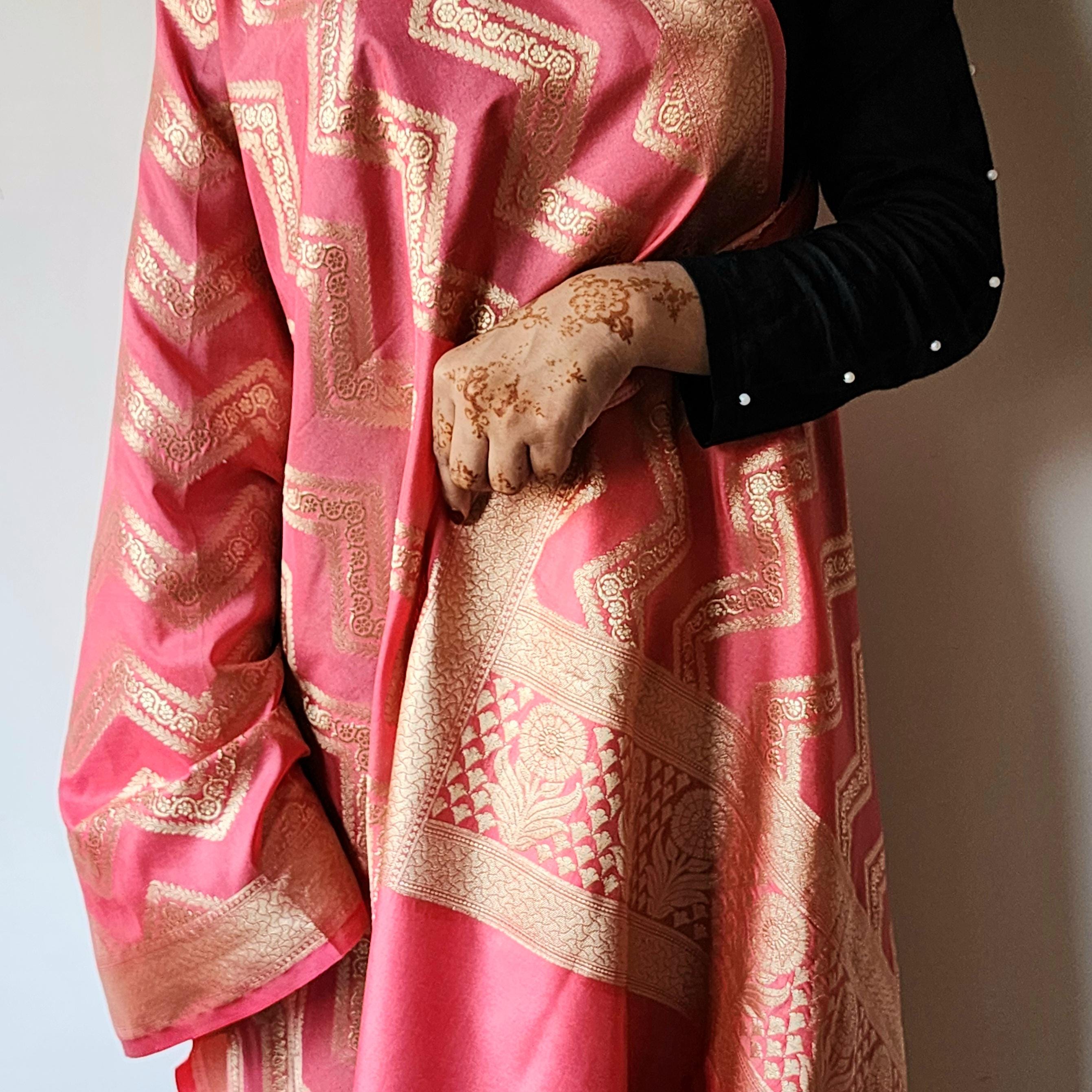 Coral Peach Pink Banarasi Dupatta  Golden Zigzag Weave, Elegant Everyday Glam