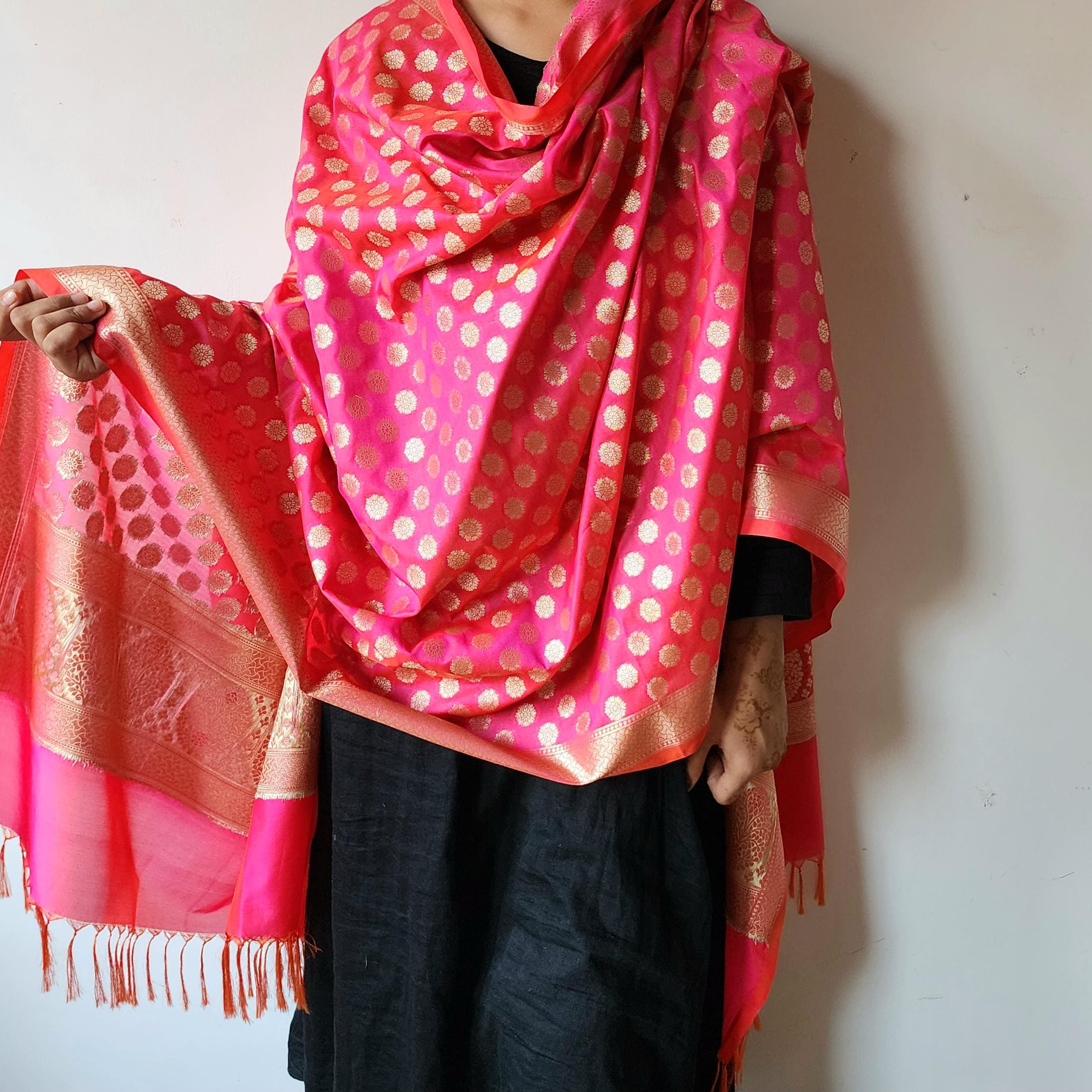 Coral Pink Banarasi Dupatta  Zari Polka Design, Radiant & Festive