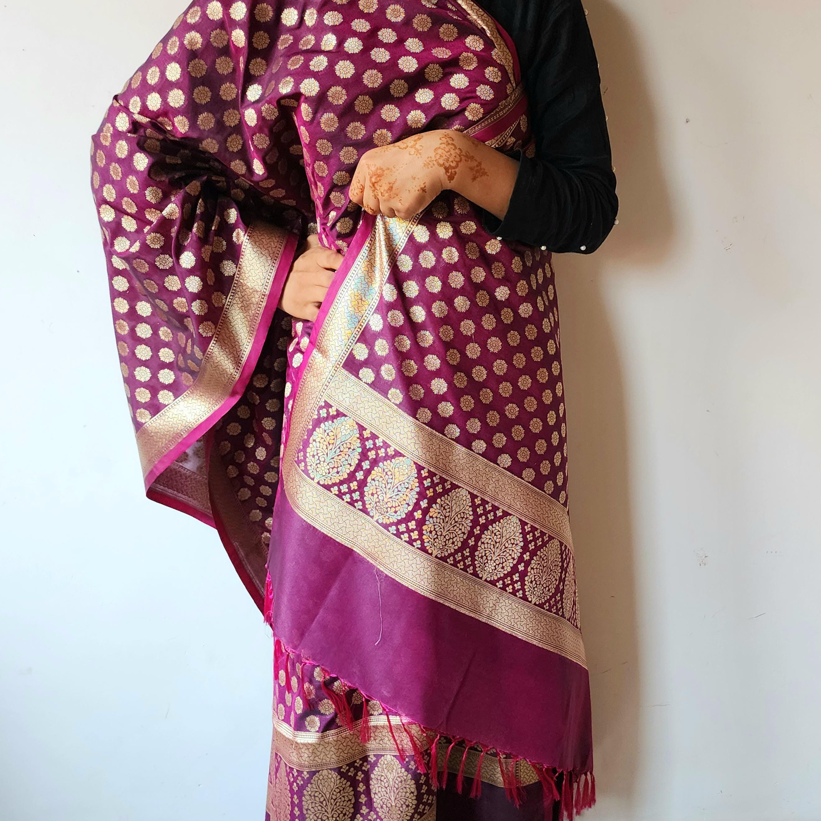 Deep Plum Banarasi Dupatta  Golden Dots, Purple Royal Festive Glow