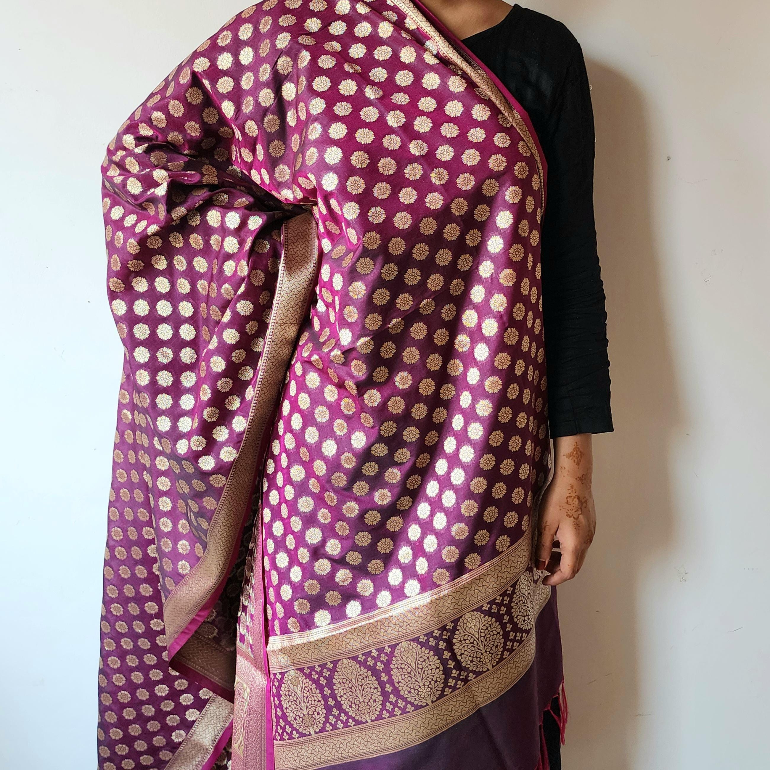 Deep Plum Banarasi Dupatta  Golden Dots, Purple Royal Festive Glow