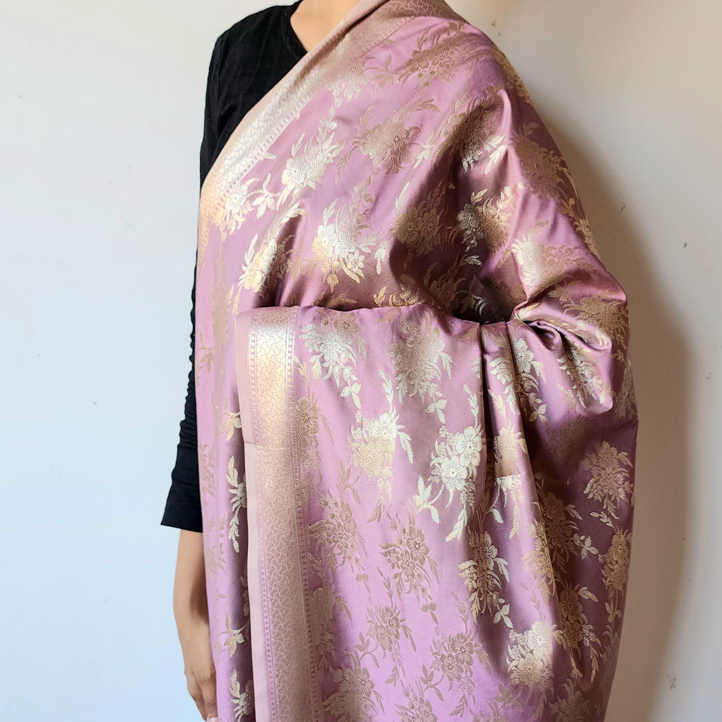Dusty Rose Pink Banarasi Dupatta  Floral Gold Motifs, Subtle Vintage Appeal