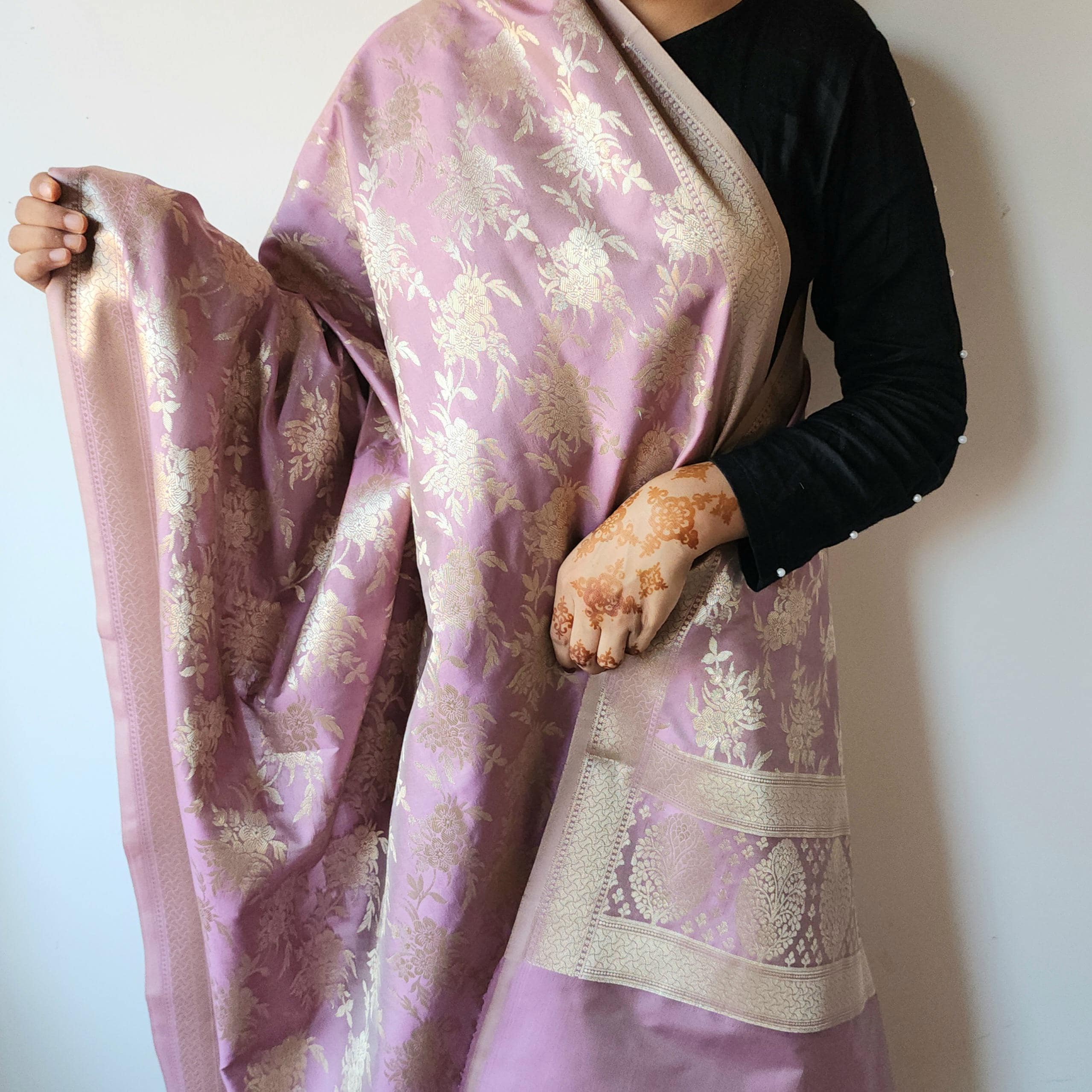 Dusty Rose Pink Banarasi Dupatta  Floral Gold Motifs, Subtle Vintage Appeal