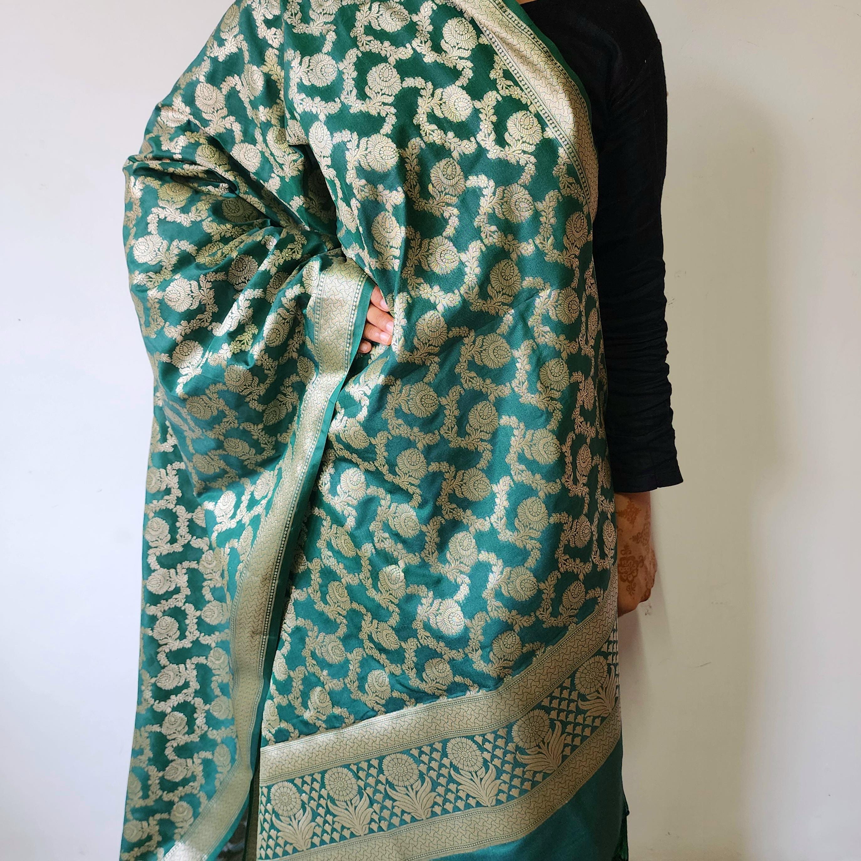 Emerald Green Banarasi Dupatta  Handwoven Golden Motifs, Festive Favorite