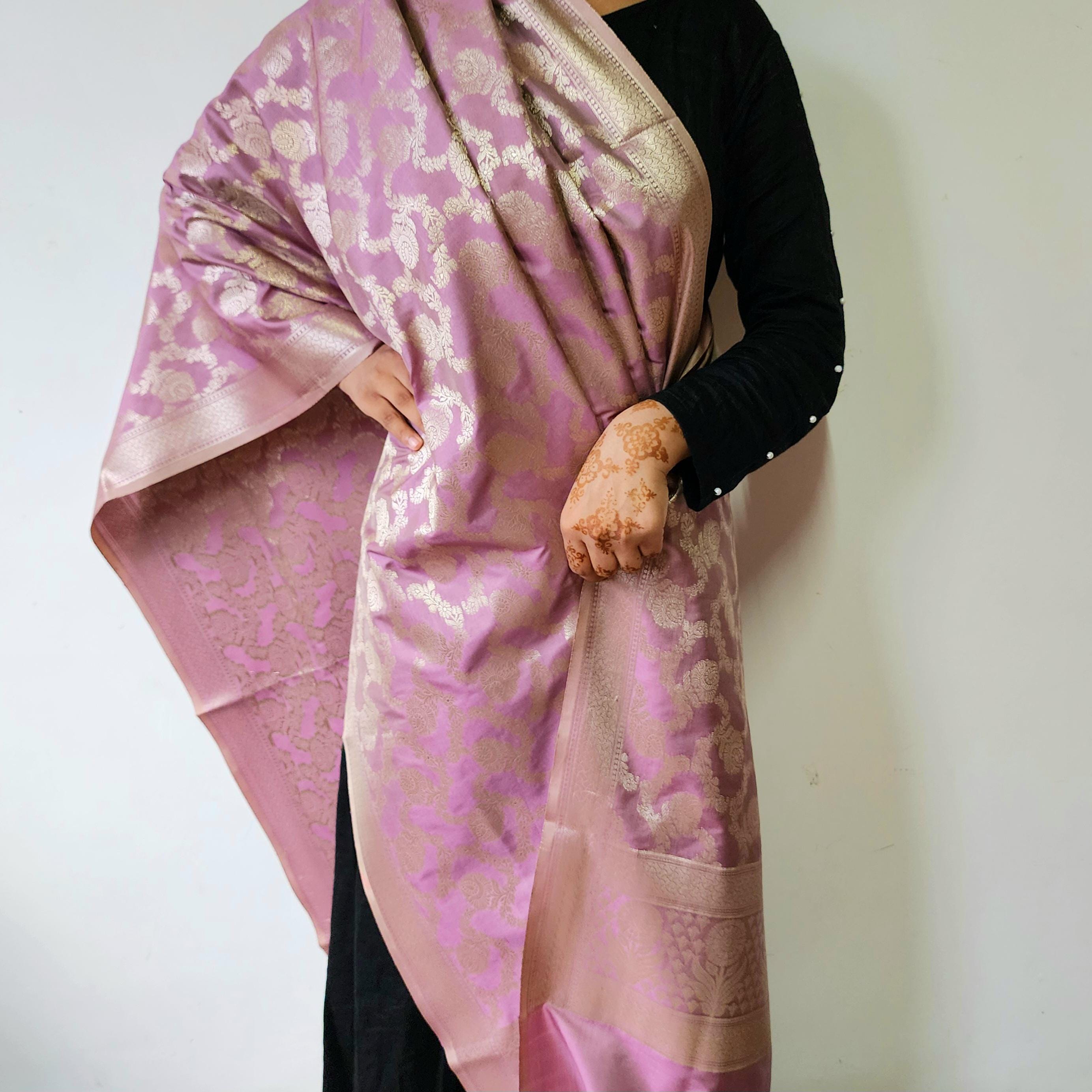 Lavender Pink Banarasi Dupatta  Golden Floral Brocade, Subtle Royal Touch
